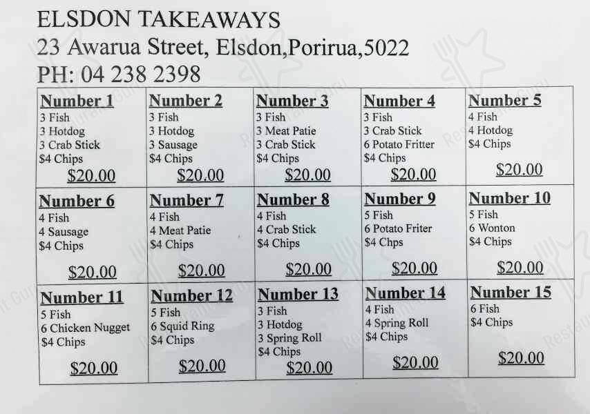 Menu at Elsdon takeaways, Porirua