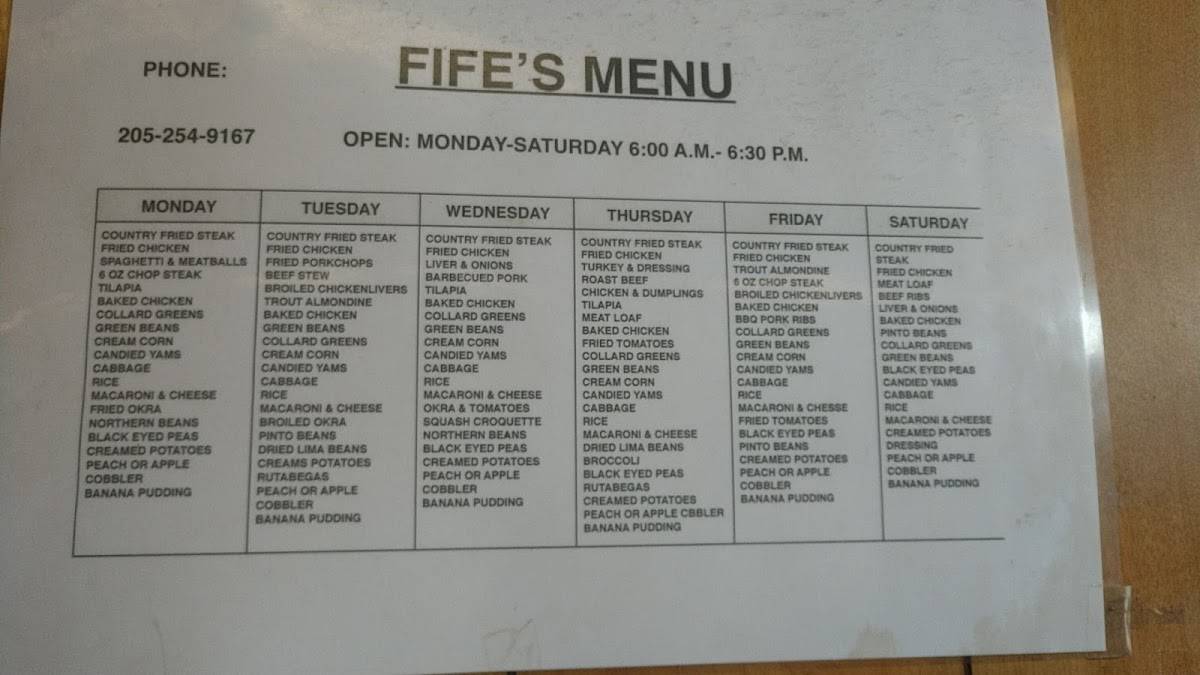 Menu at Fife’s Restaurant, Birmingham
