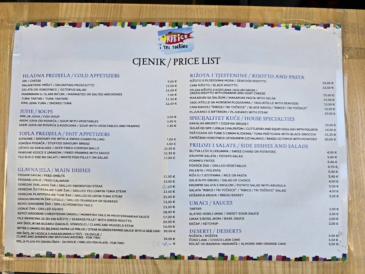 Menu di Fish Restaurant "Ribice i tri točkice" 
