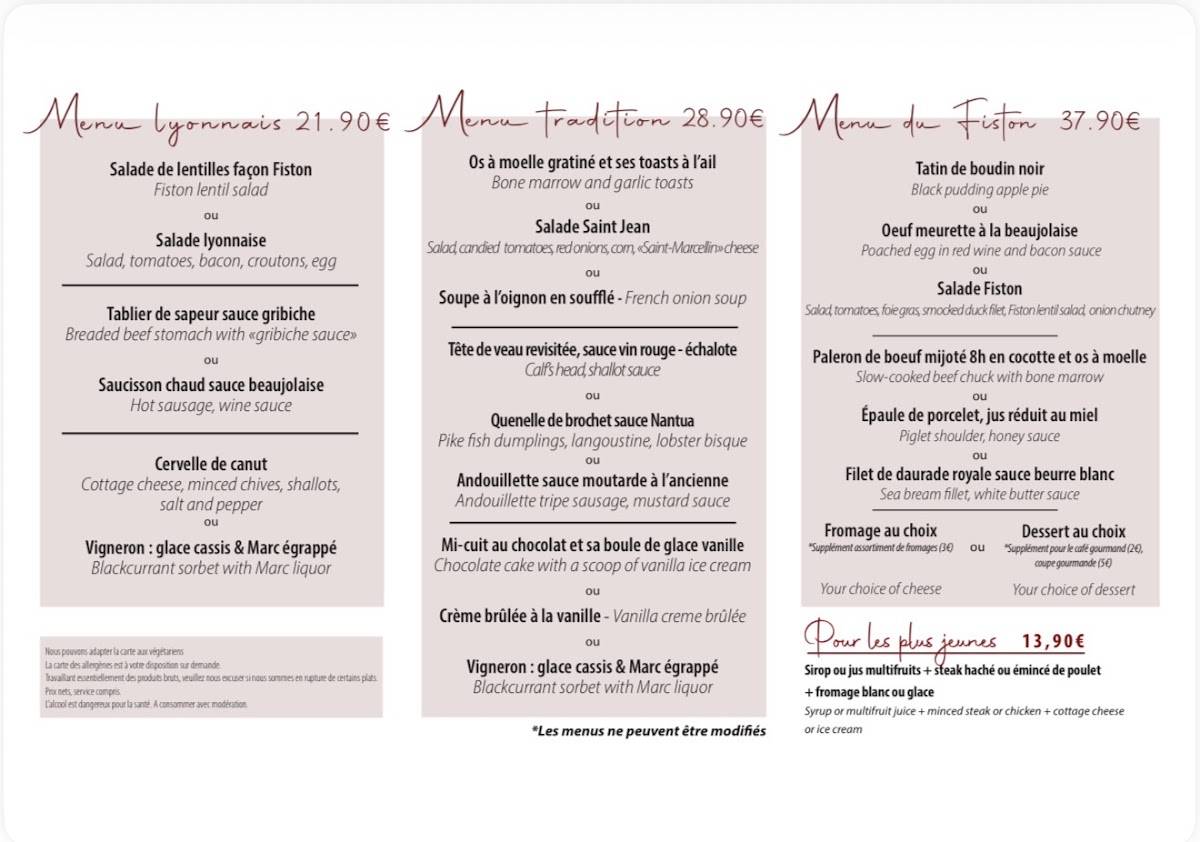 Menu de Fiston - Bouchon Lyonnais (rue Saint-Jean)