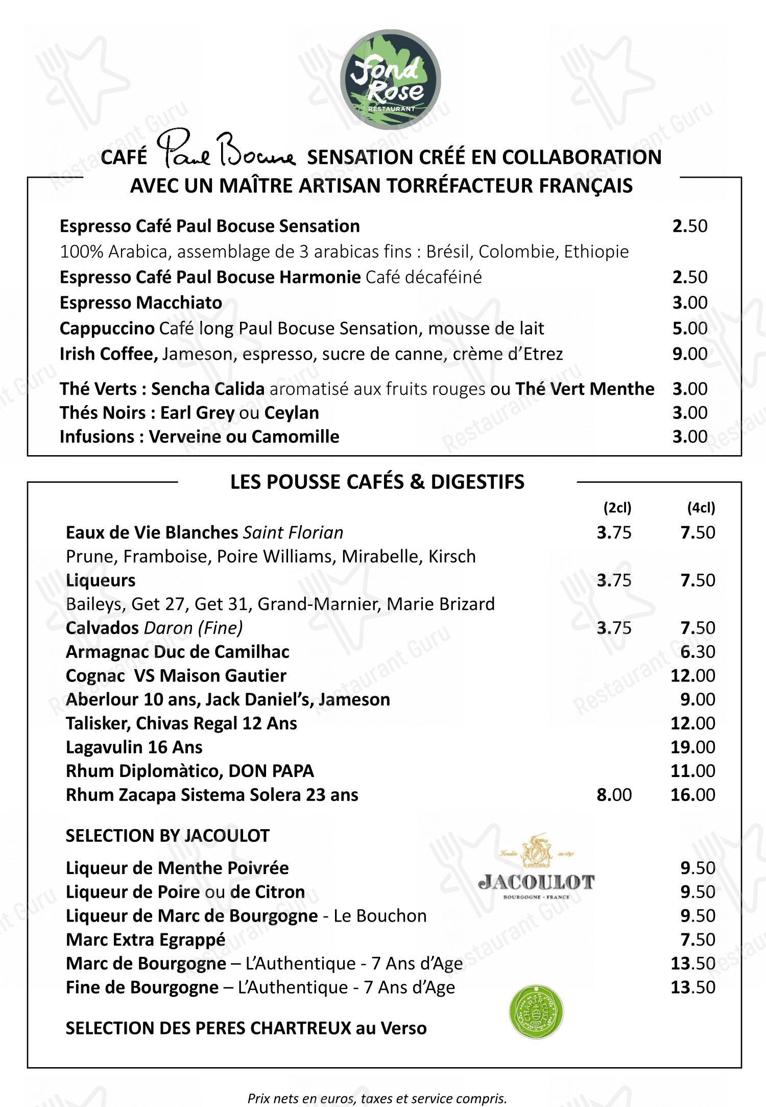 Menu pour Restaurant Fond Rose - Bocuse - plats et boissons