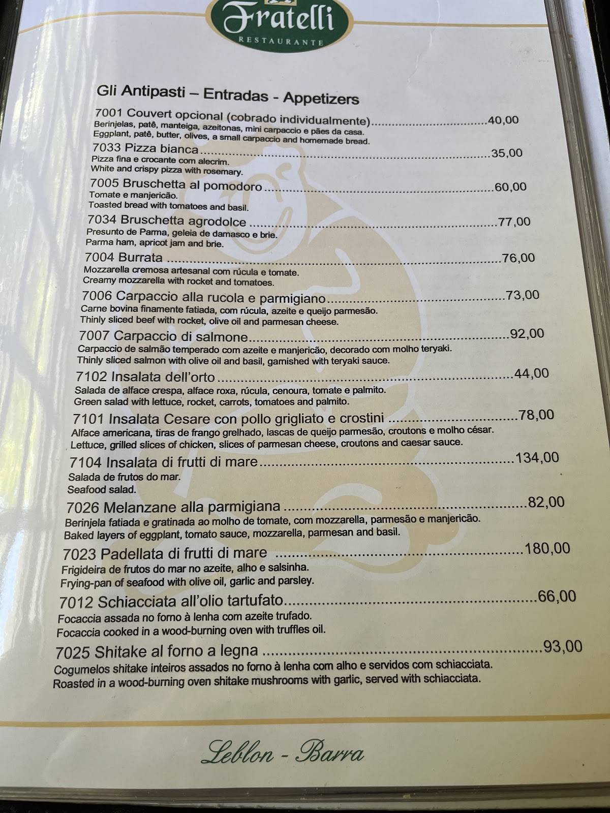 Fratelli cardápio