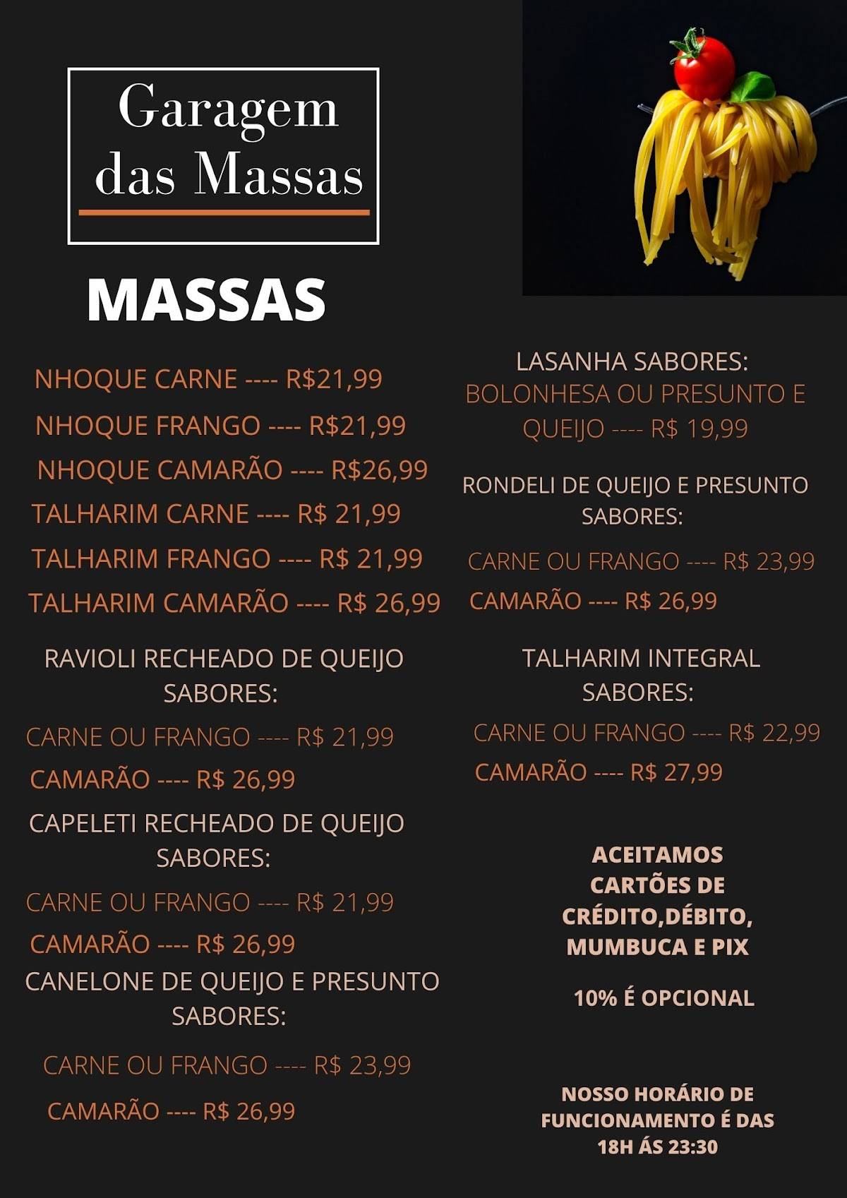 Garagem das Massas cardápio