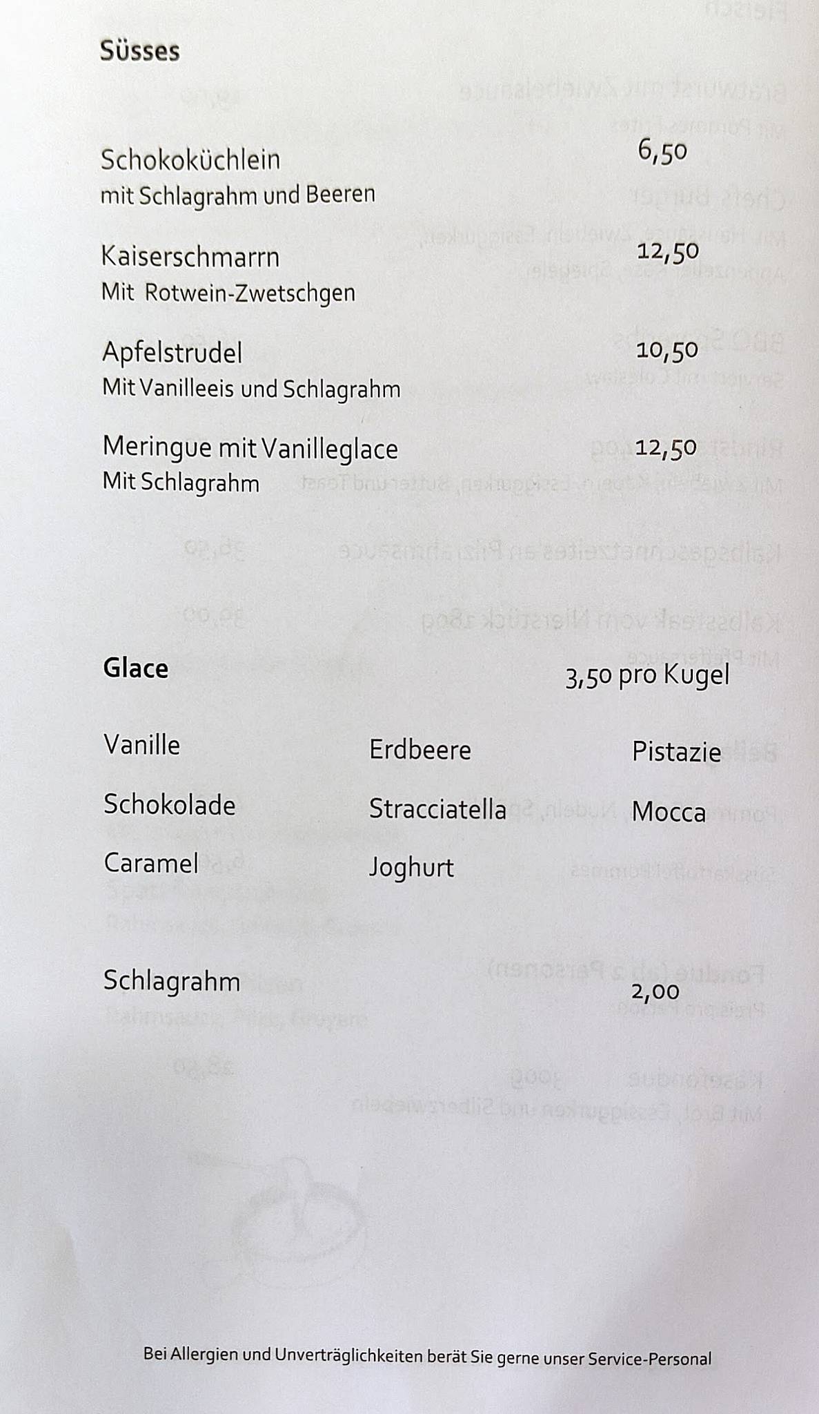 Menu di Restaurant Hintergeissboden 