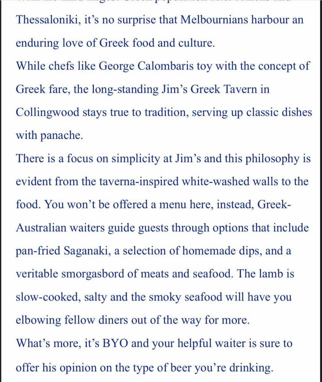 Menu at Jim's Greek Tavern restaurant, Collingwood