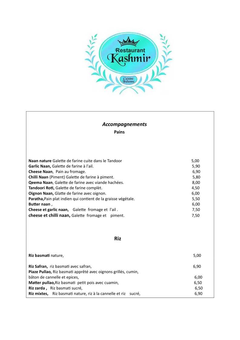 Menu di Kashmir Restaurant Vevey 