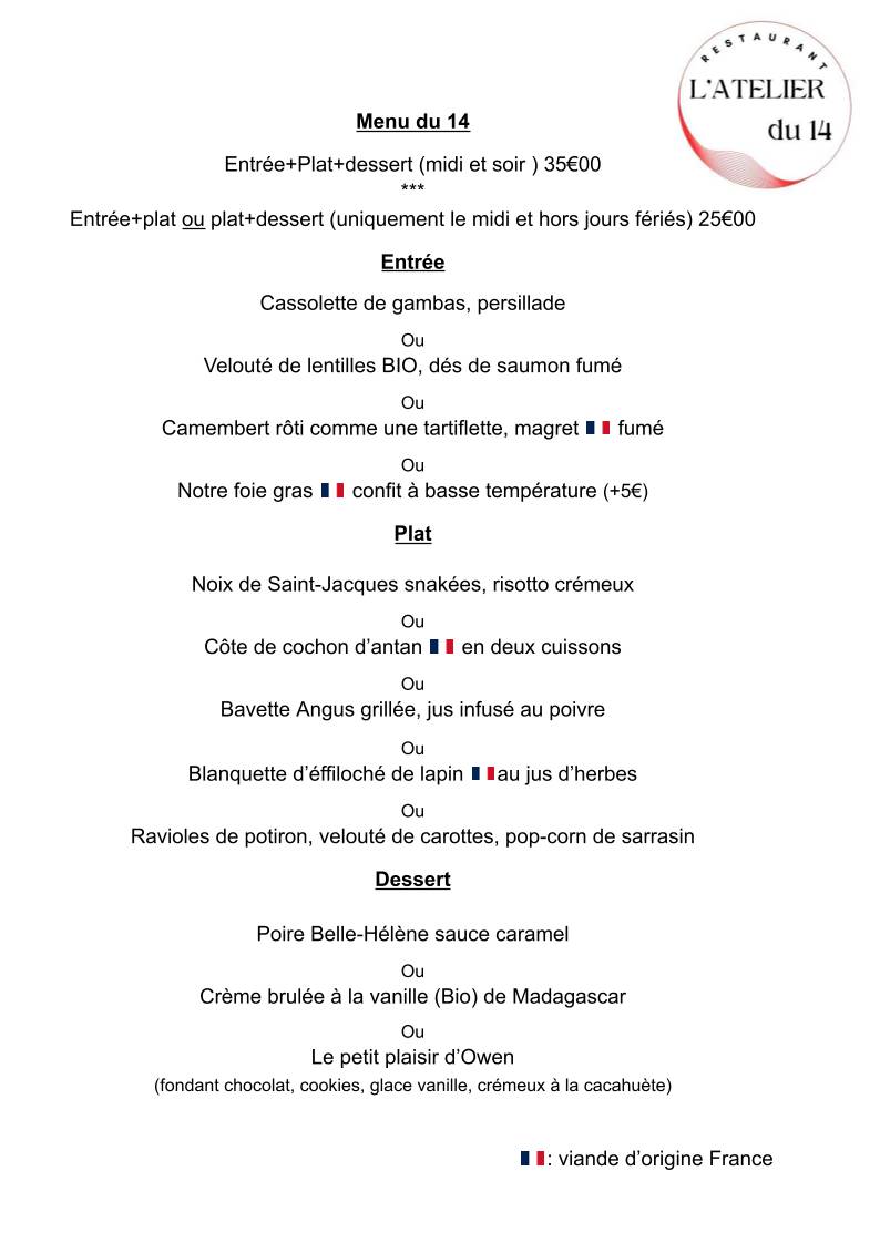 Menu de L’Atelier du 14