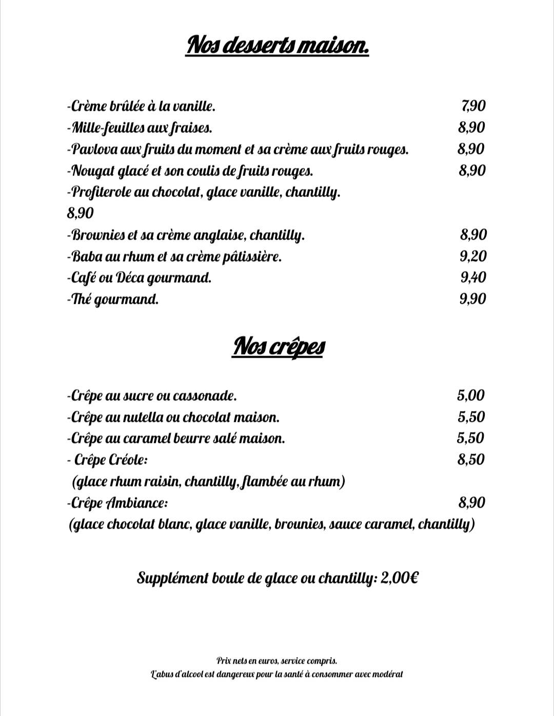 Menu de Restaurant L'Ambiance