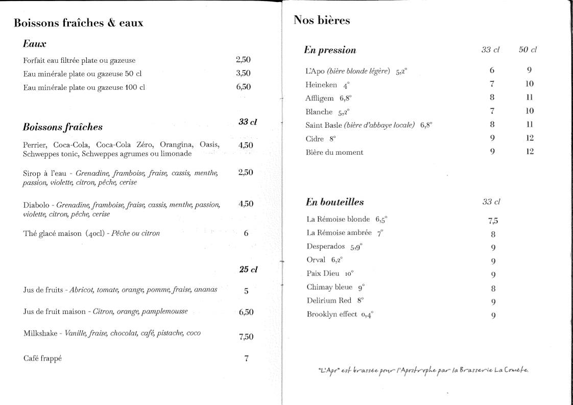 Menu de L'Apostrophe