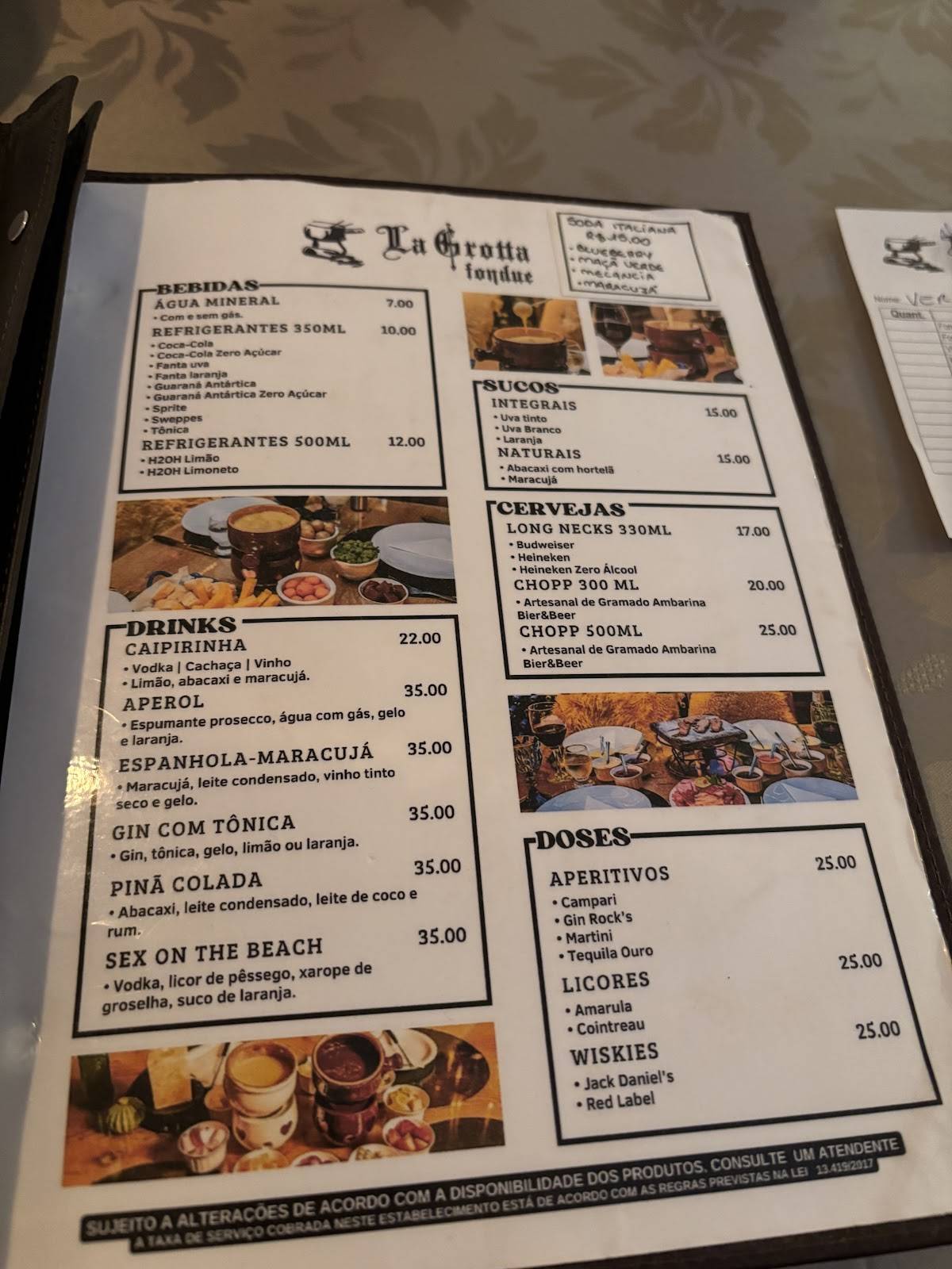 Lá Grotta Fondue cardápio