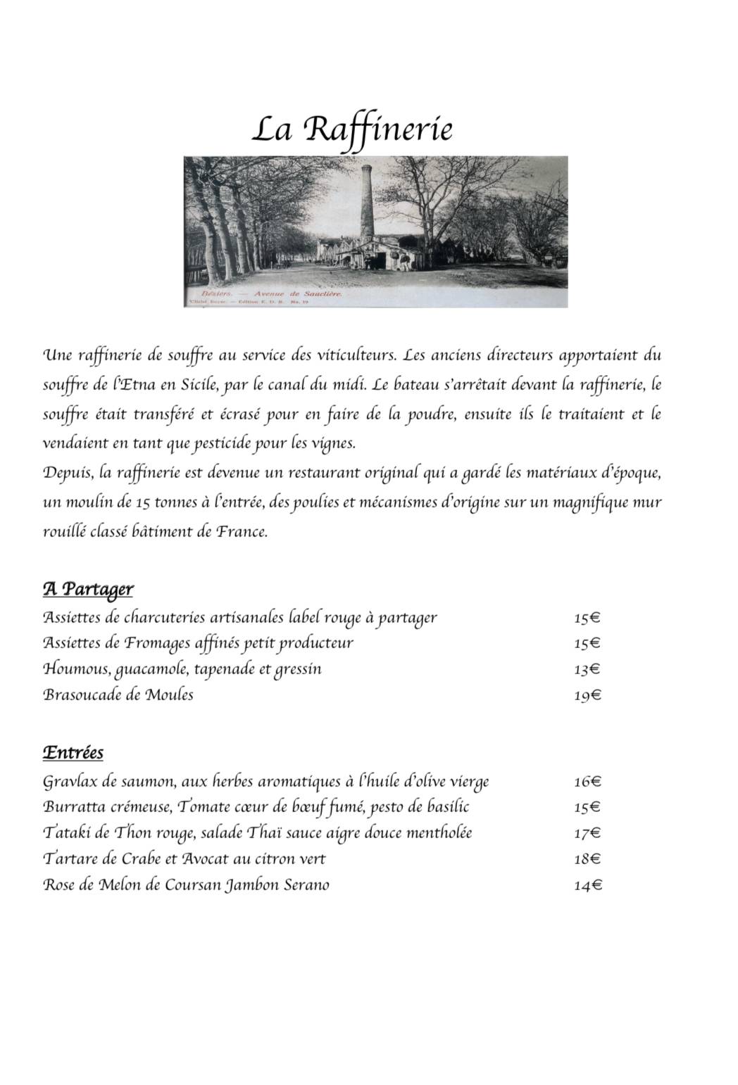 Menu de La Raffinerie