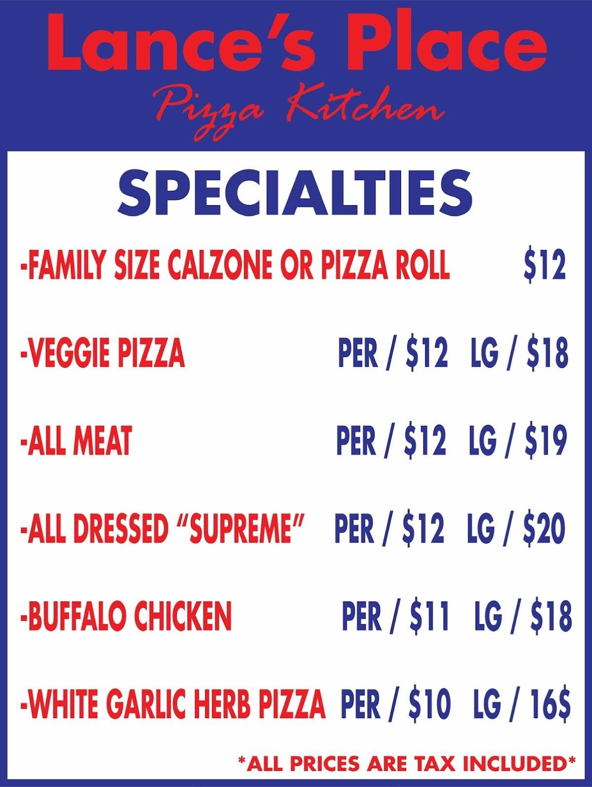 Menu at Lance’s Place restaurant, Au Sable Forks, Main St