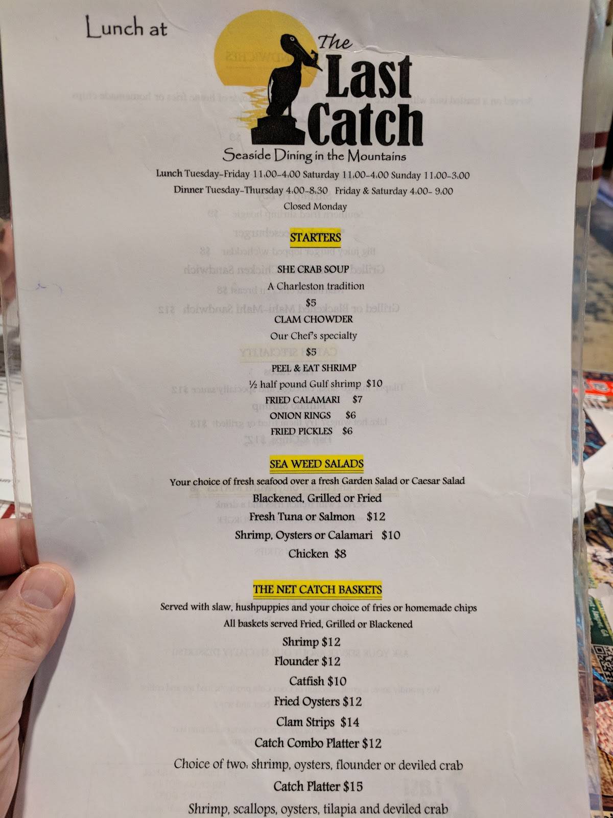 Menu at Last Catch restaurant, Jasper
