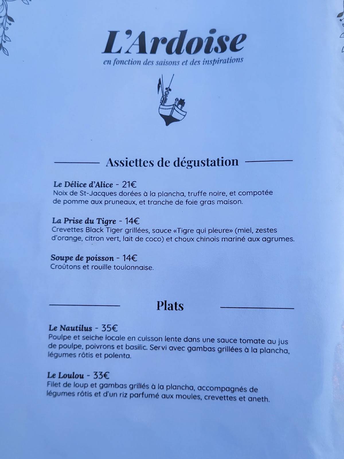 Menu de Le Poisson Rouge - restaurant Giens