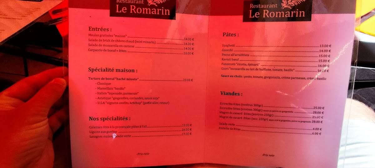 Menu de Le Romarin