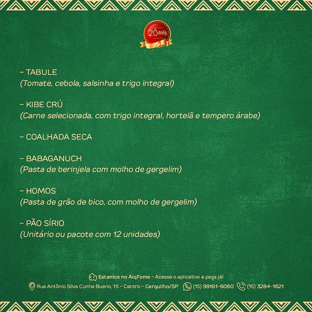 Lebanon Cozinha Árabe cardápio