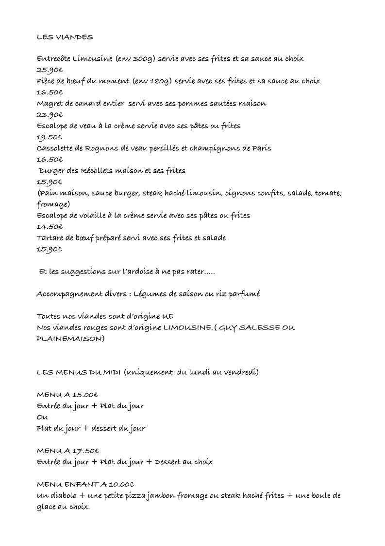 Menu de Les Recollets