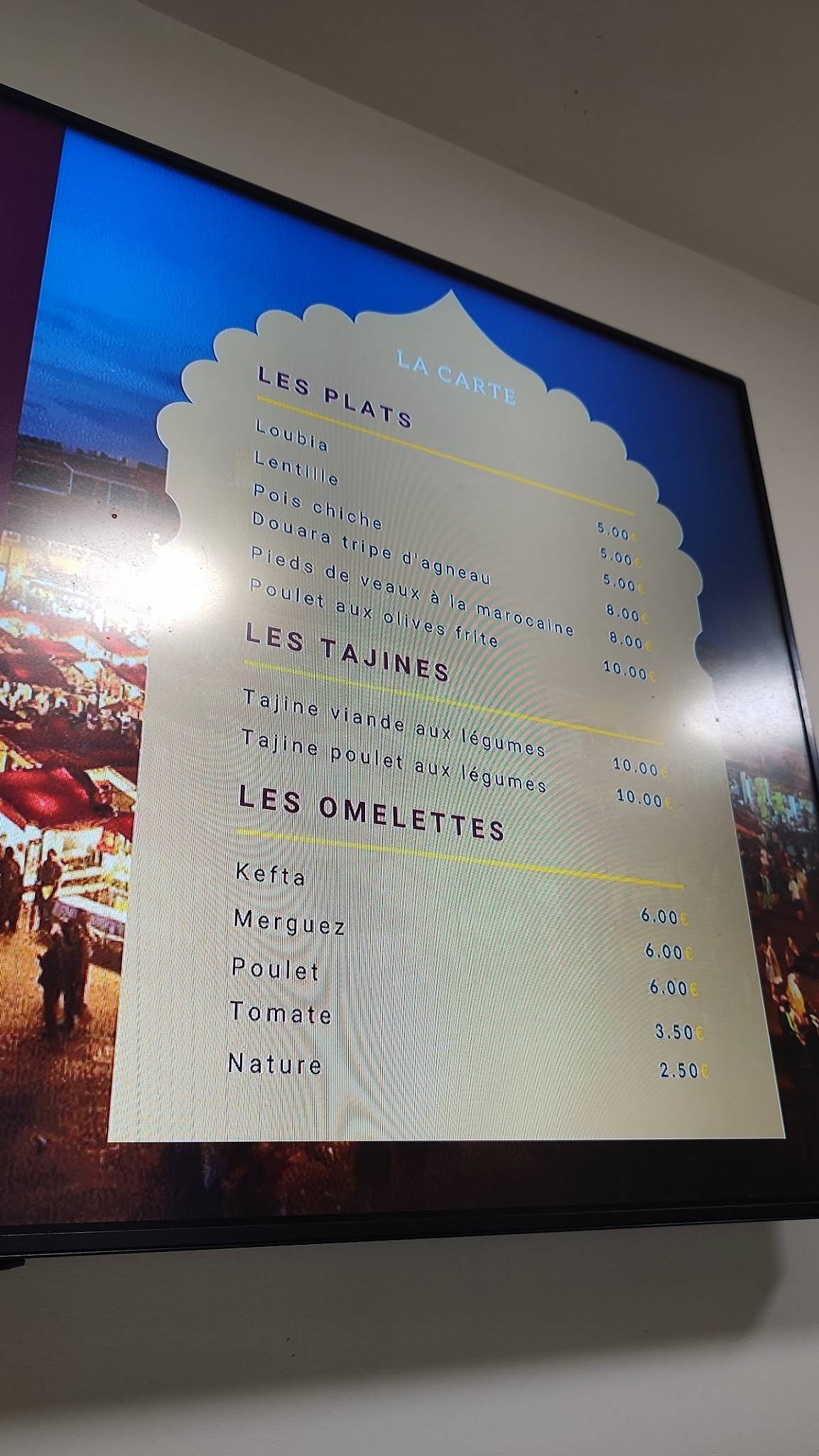 Menu au Les délices du Maroc(MARRAKECH) restaurant, Les Mureaux