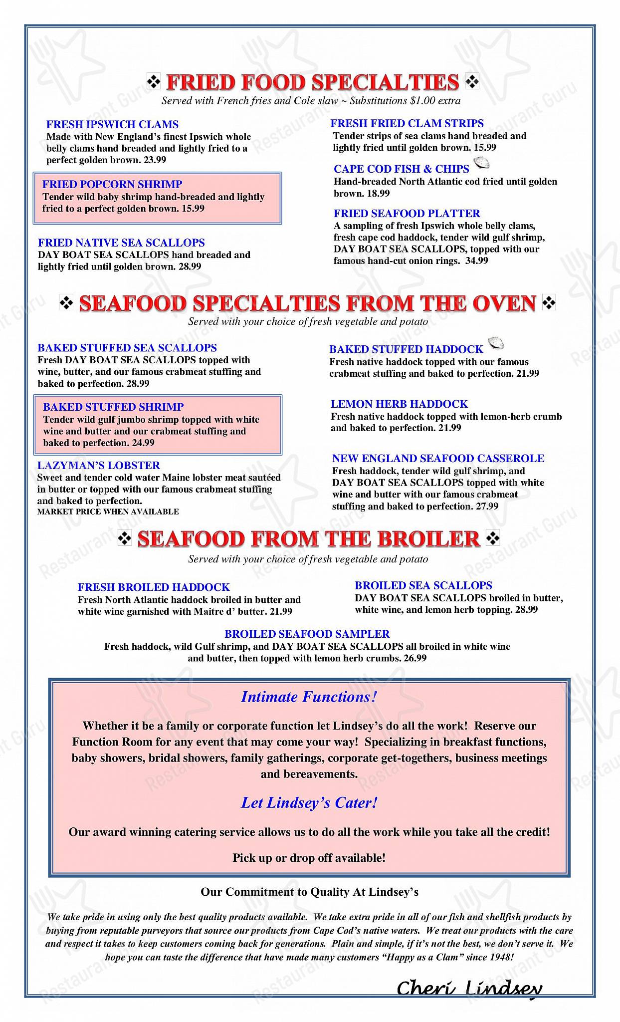 Menu at Lindsey's Family Restaurant, Wareham