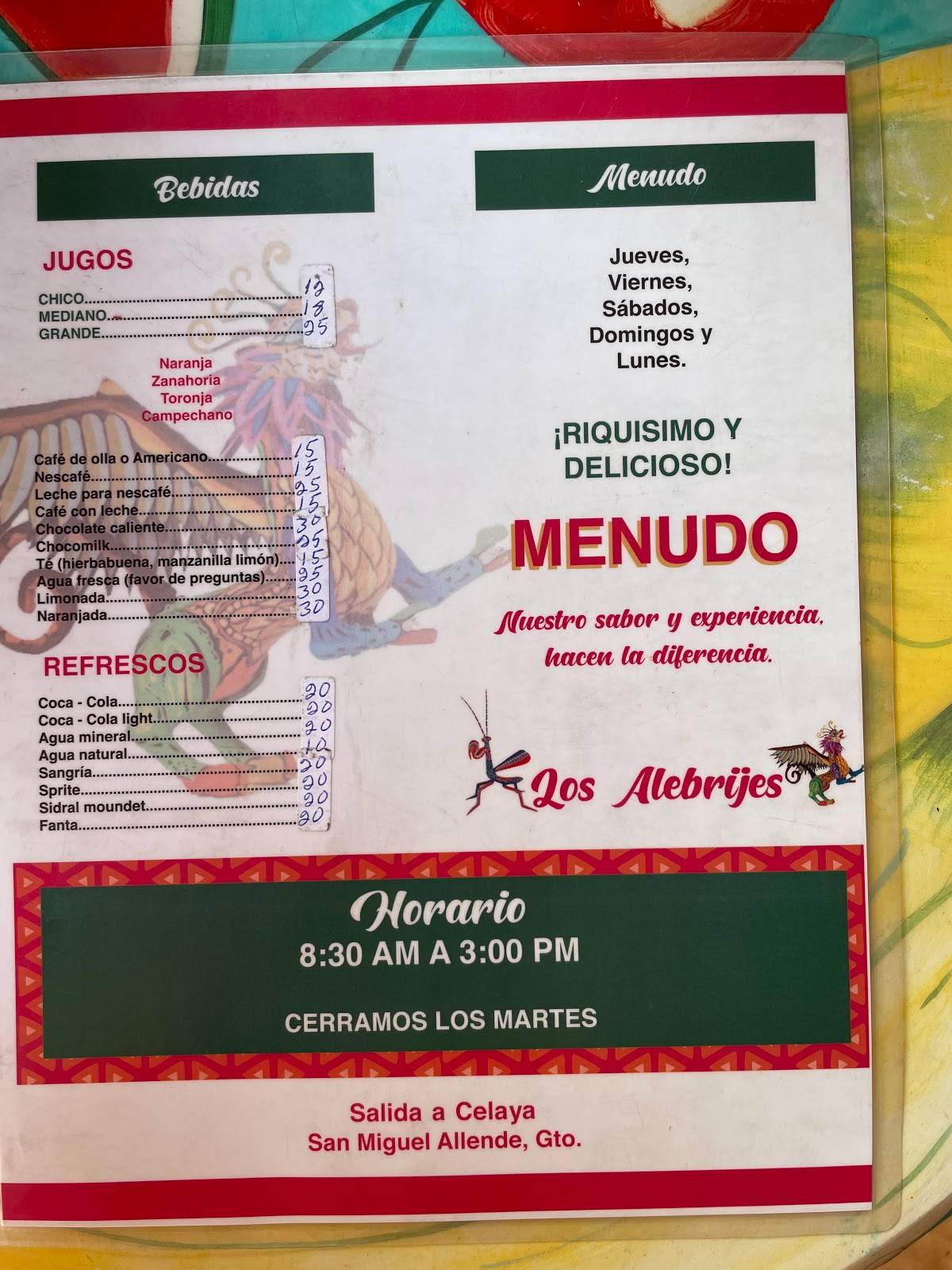 Carta De Los Alebrijes Campestre Restaurant San Miguel De Allende