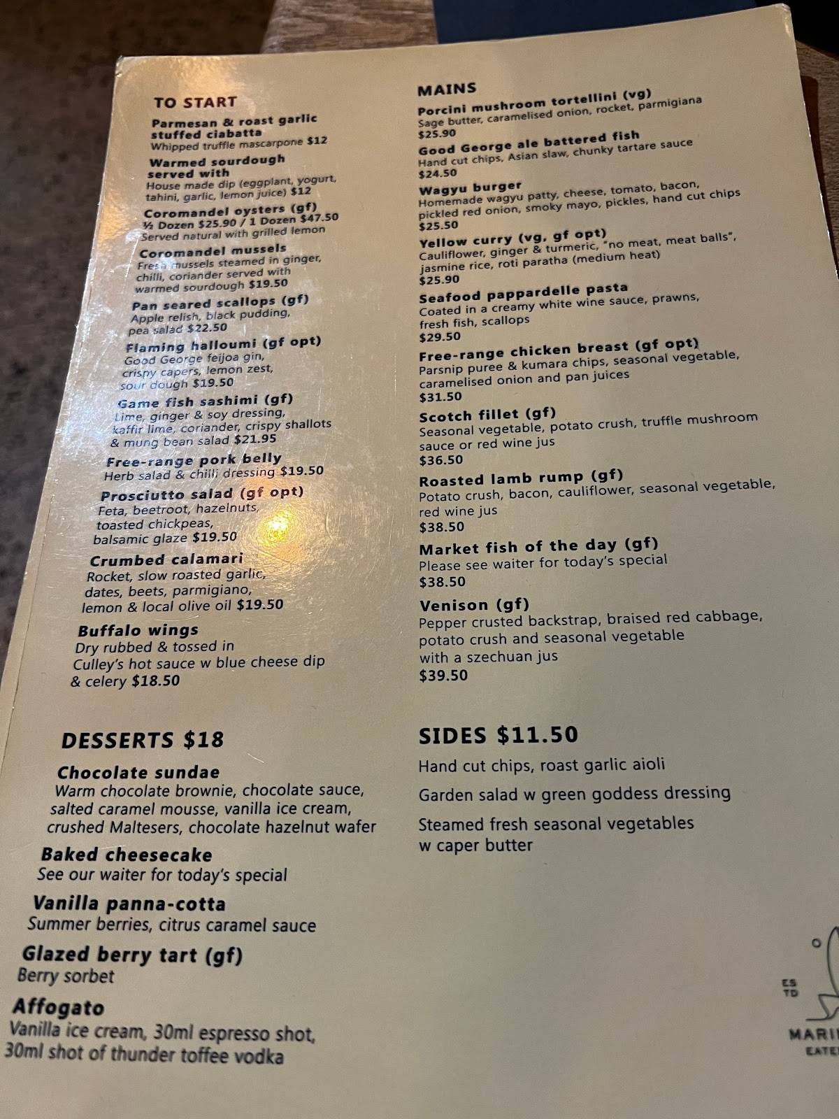 Menu at Marina Bay Eatery (Fully Licensed) restaurant, Whitianga