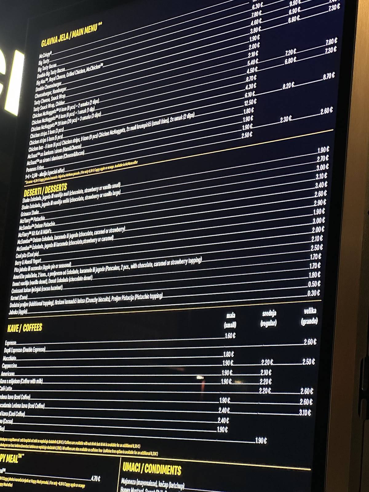 Menu di McDonald's Rovinj 