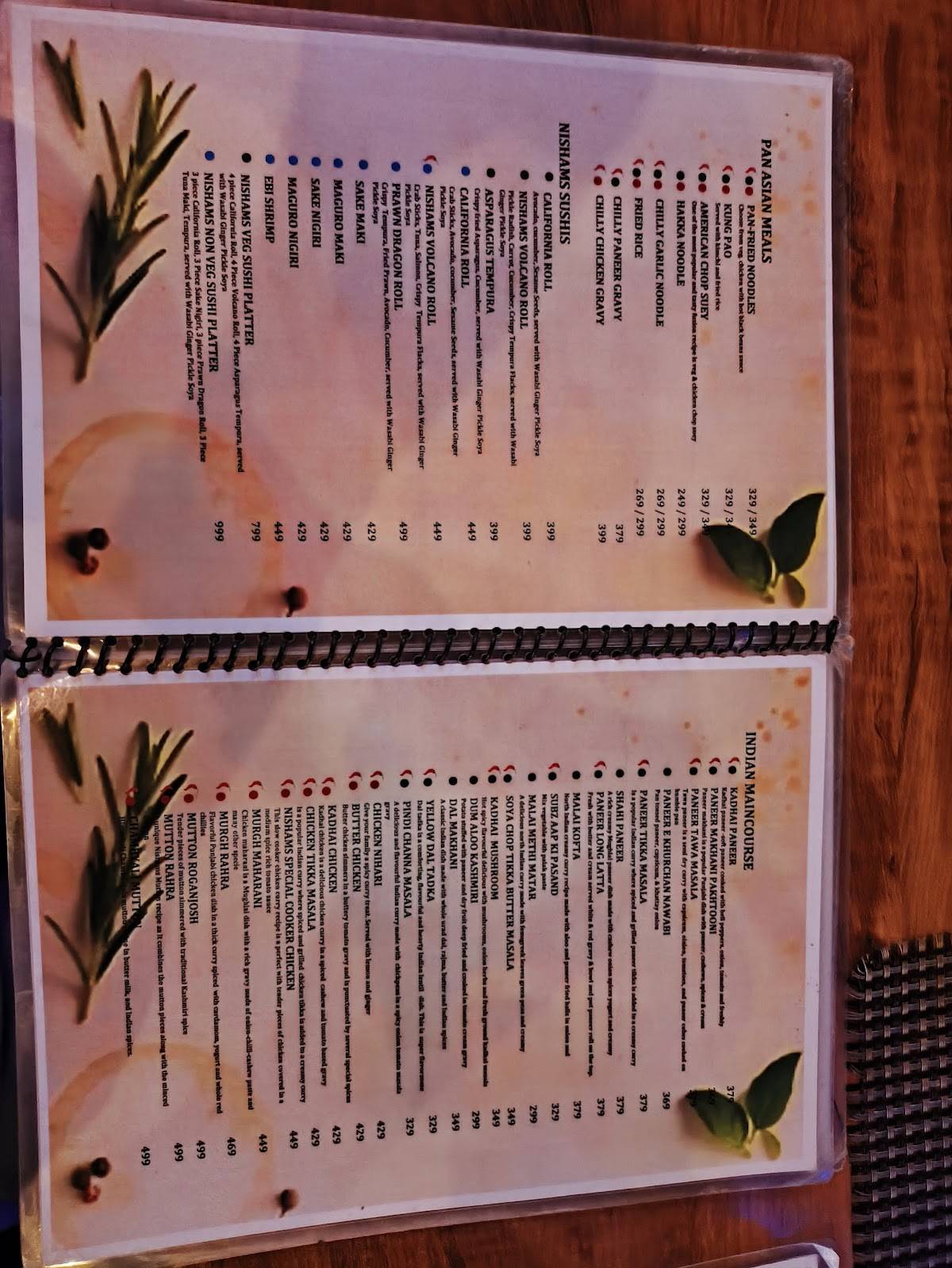 Nishams menu
