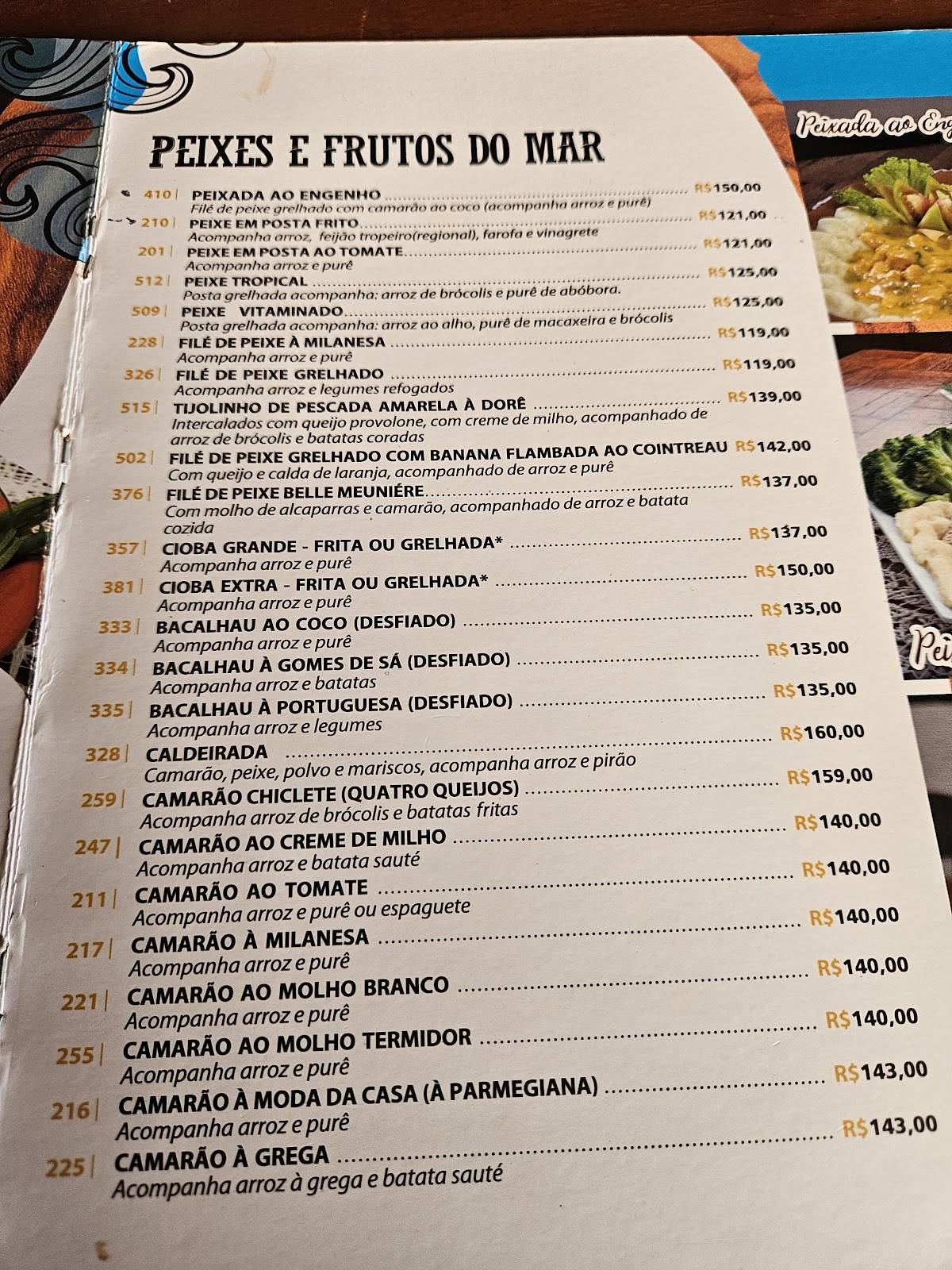 O Peixarão cardápio