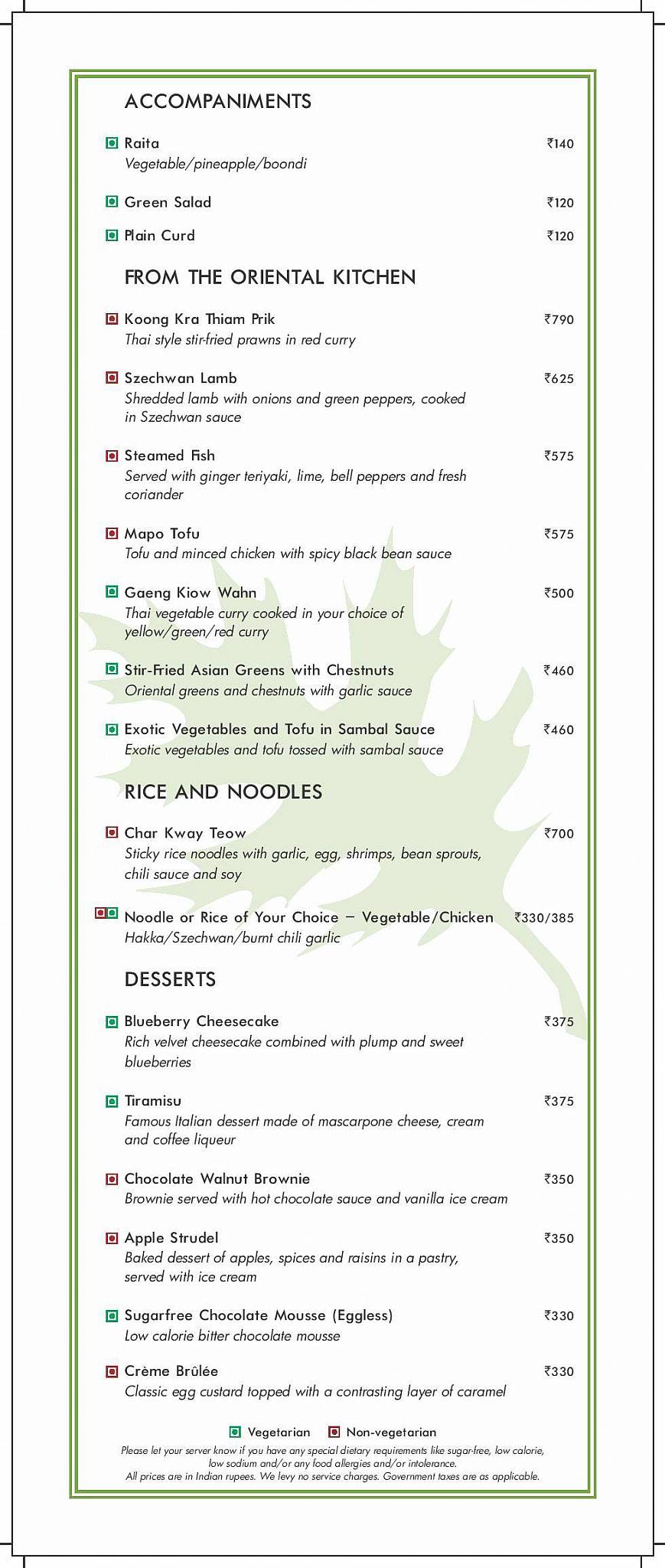 Oakwood Residence Kapil Hyderabad menu