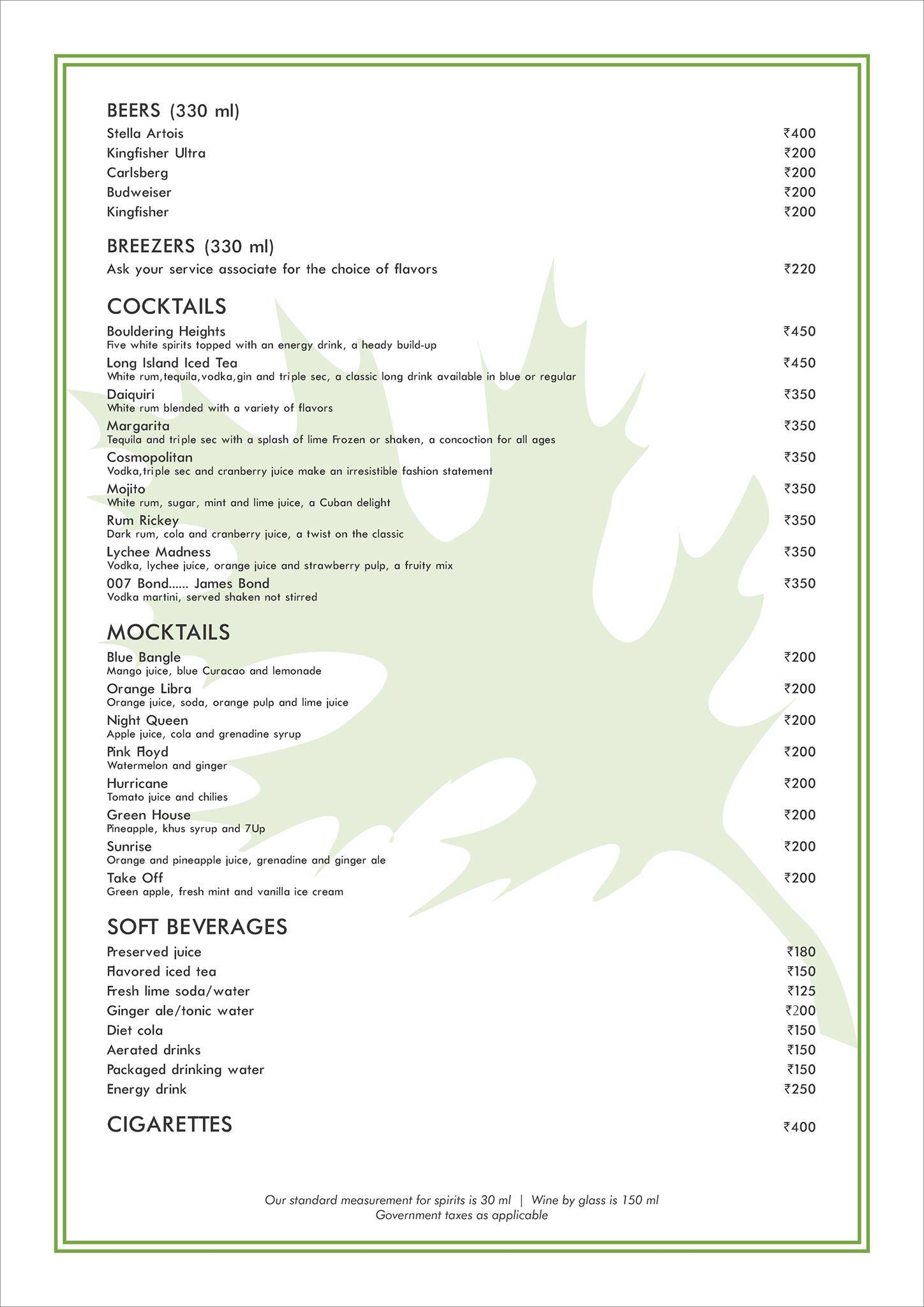Oakwood Residence Kapil Hyderabad menu