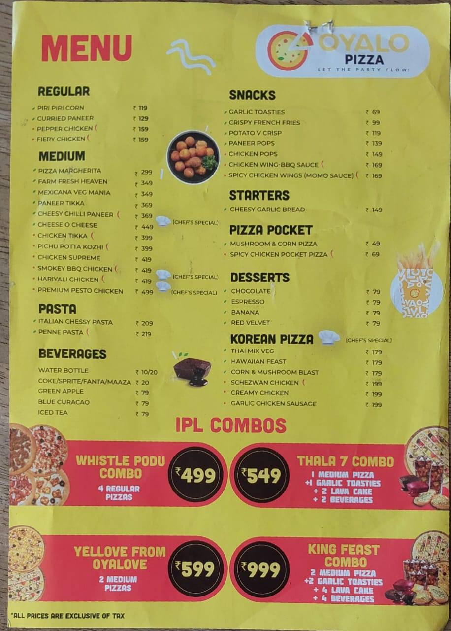 Oyalo pizza Nadarmedu menu