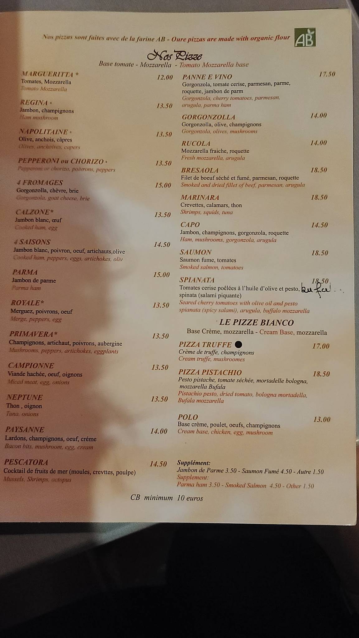 Menu de Pane & Vino