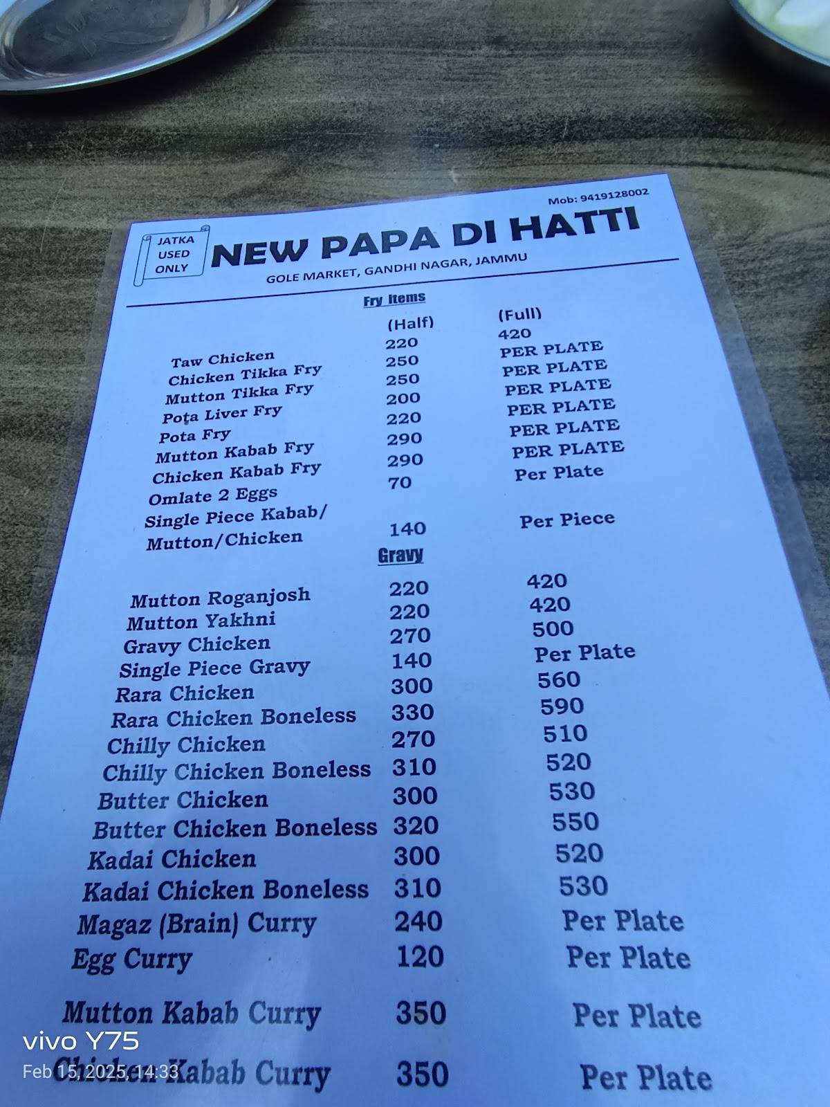 Papa di Hatti menu