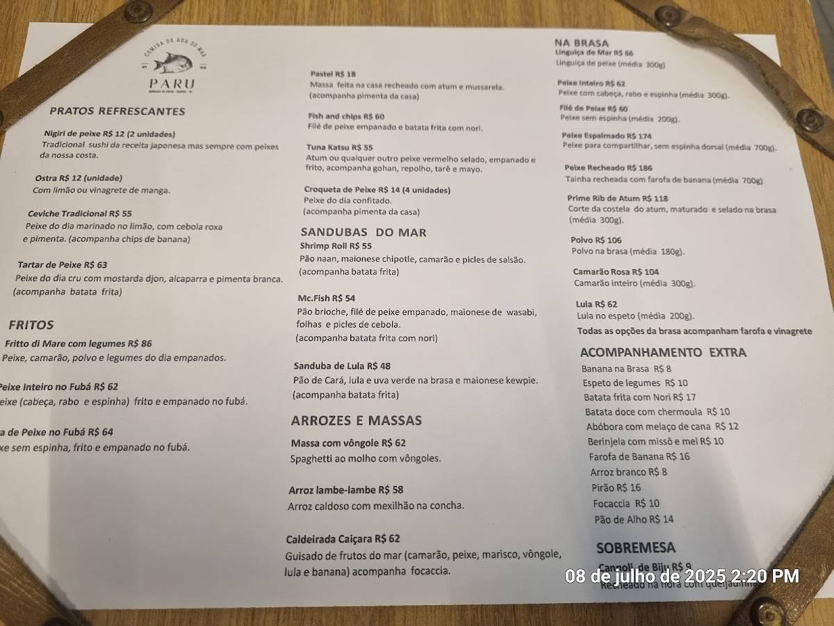 Paru Restaurante - Comida de Rua do Mar cardápio