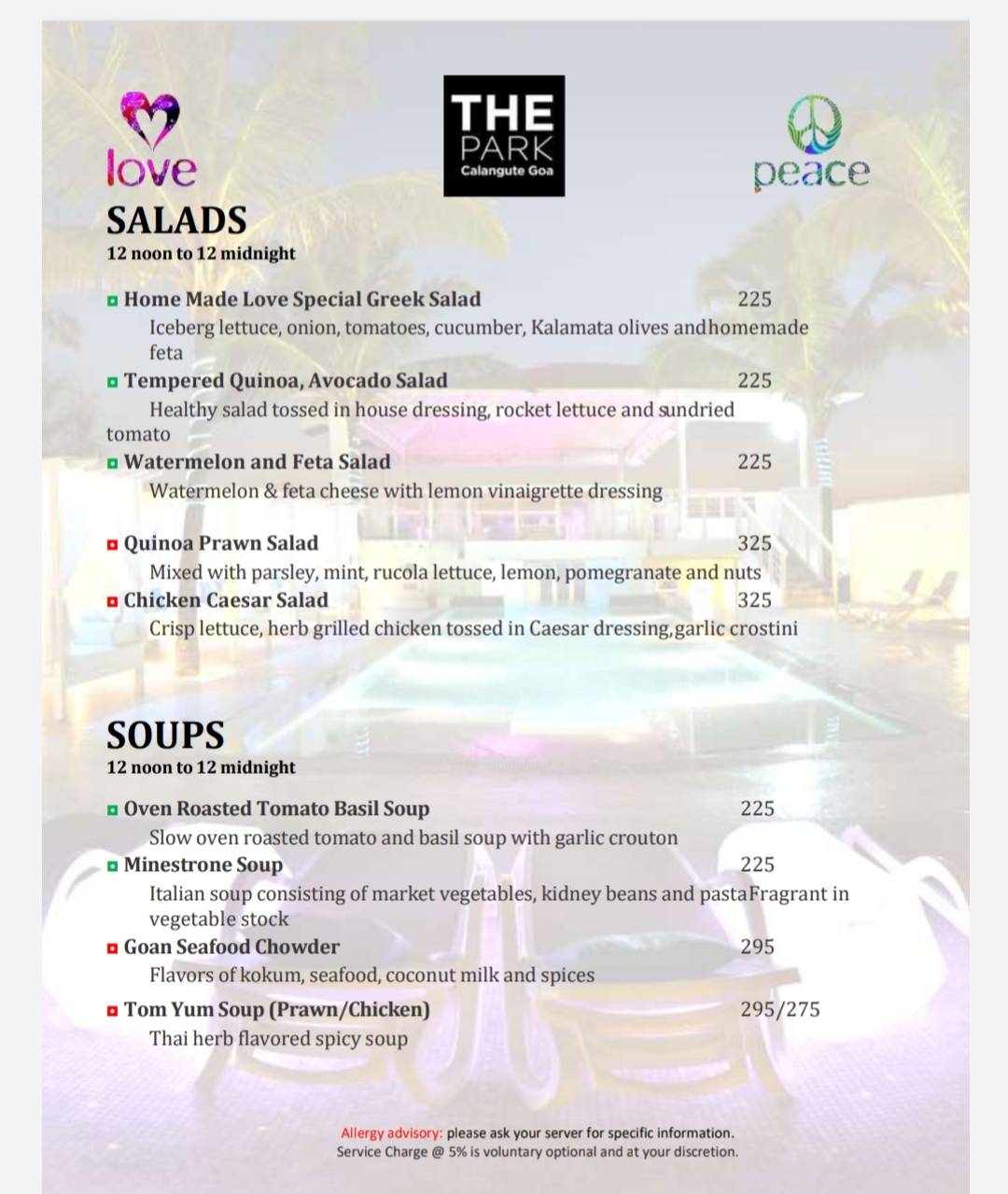 Peace Bar menu