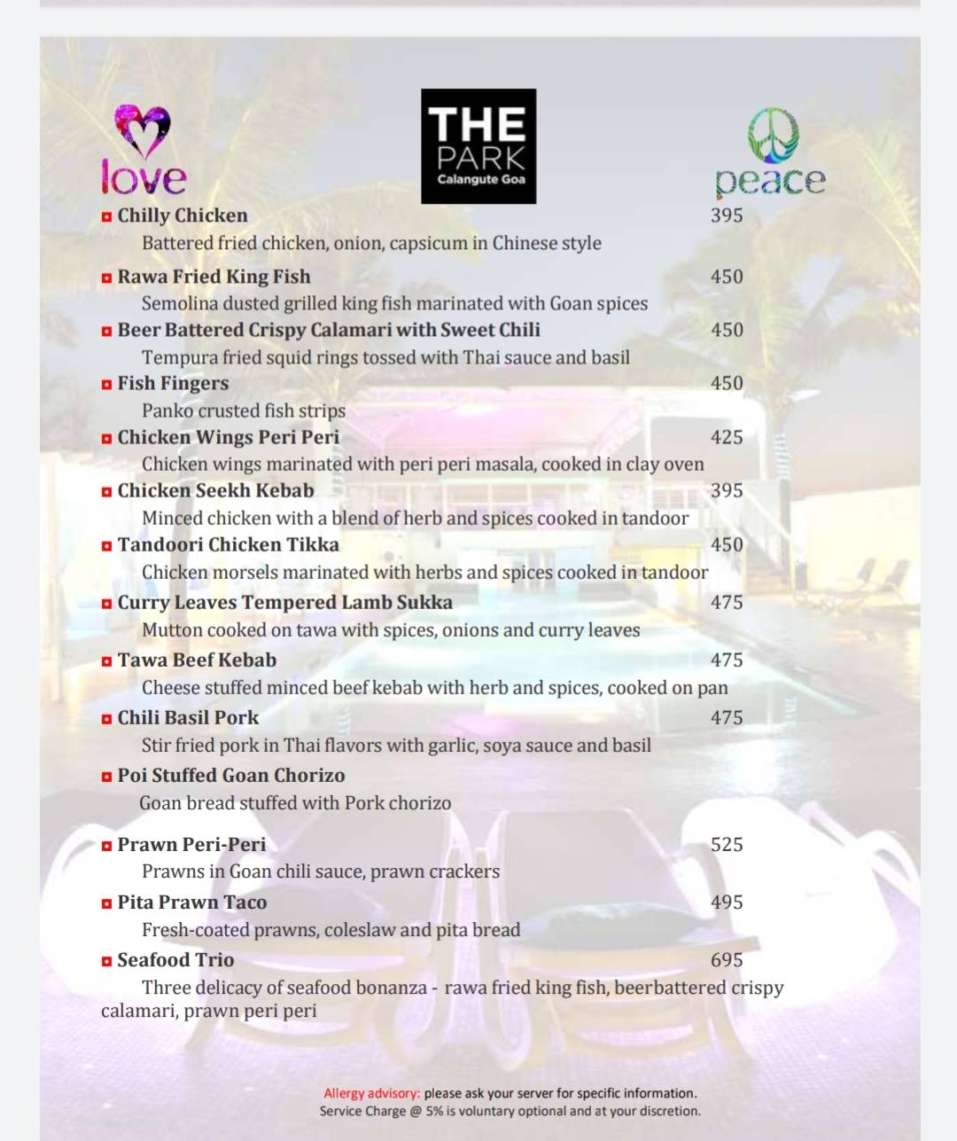 Peace Bar menu