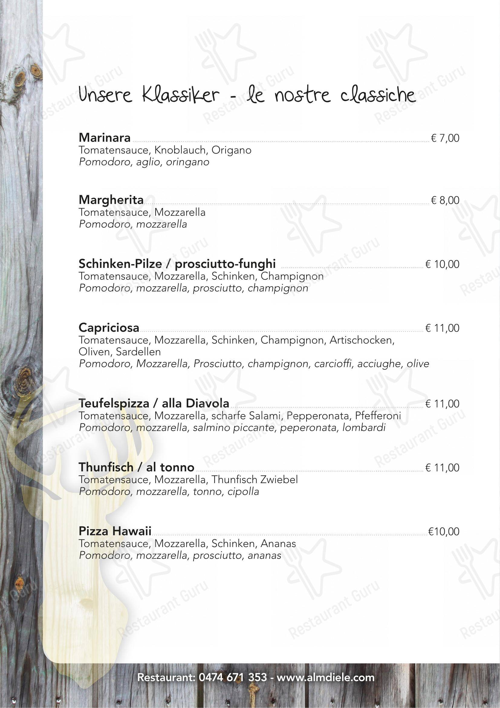 Menu bar per Ristorante Pizzeria Almdiele in Lutago