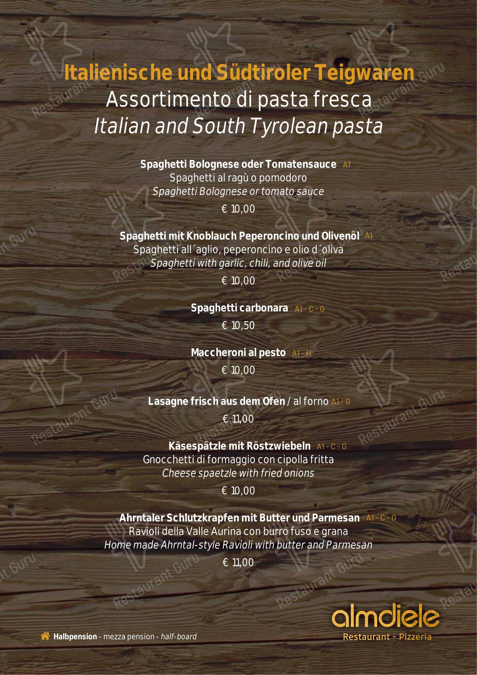 Ristorante Pizzeria Almdiele in Lutago - 菜单