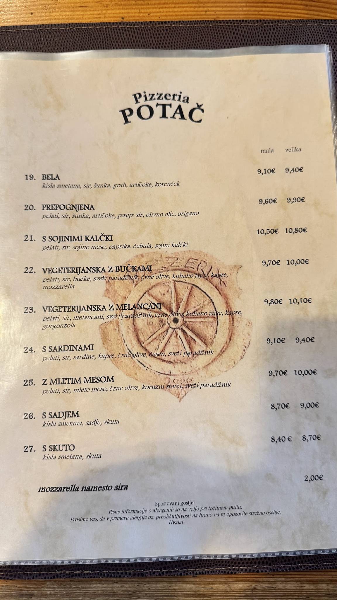 Menu di Pizzeria Potač 