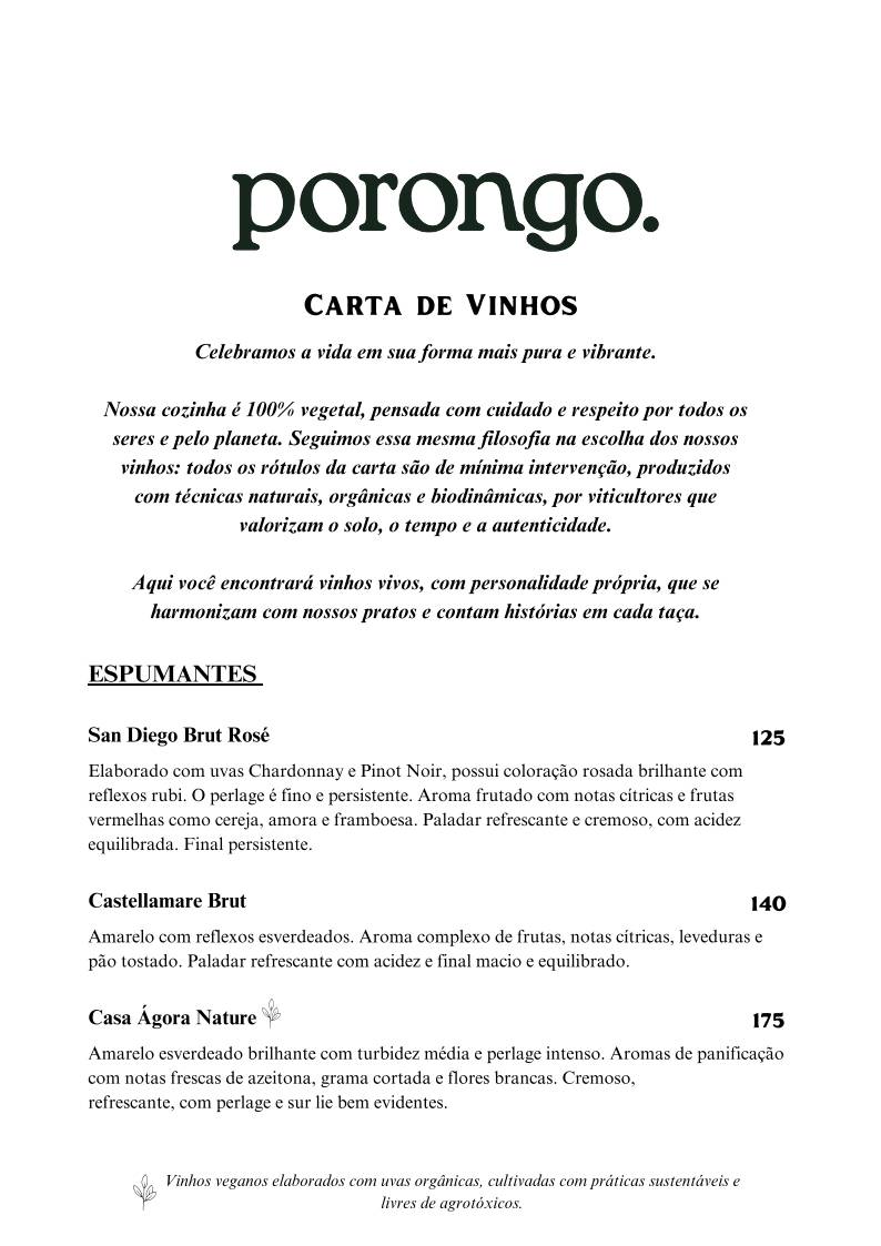 Porongo - Comida Brasileira - Jazz e Vinhos - Restaurante em Florianopólis - Restaurante Vegano cardápio