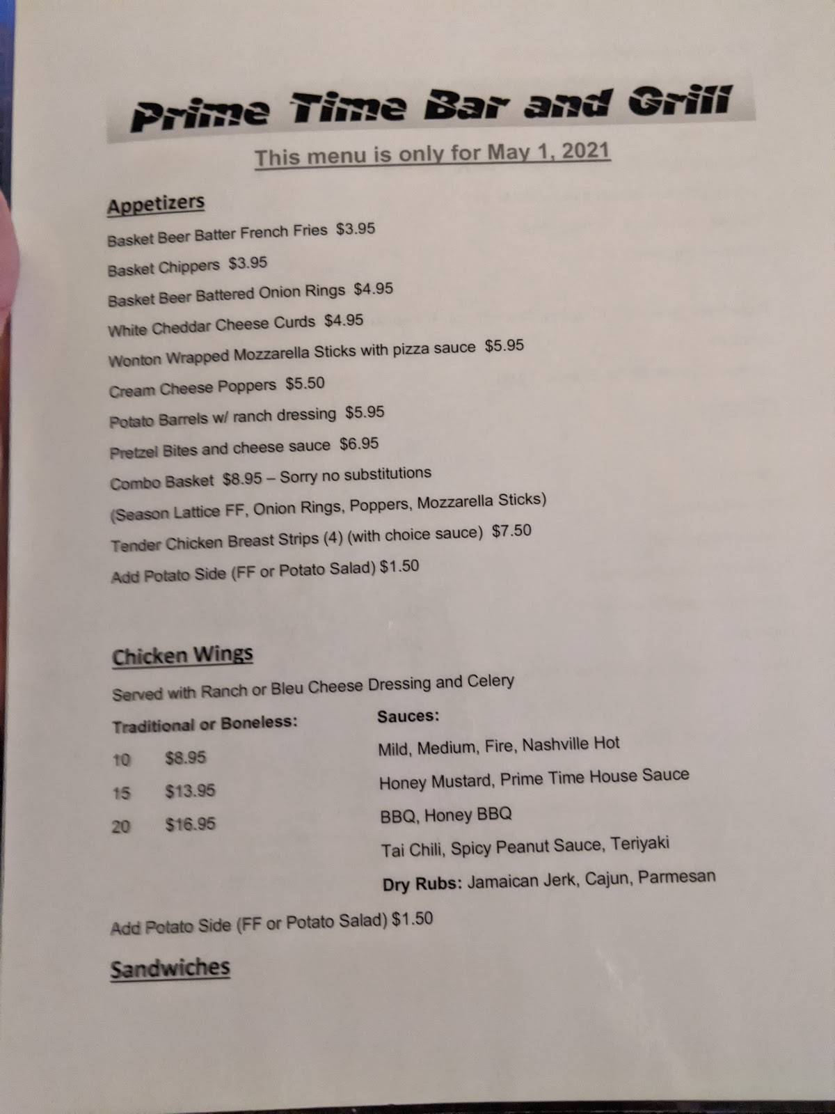 Menu at Prime Time Bar And Grill, Menasha