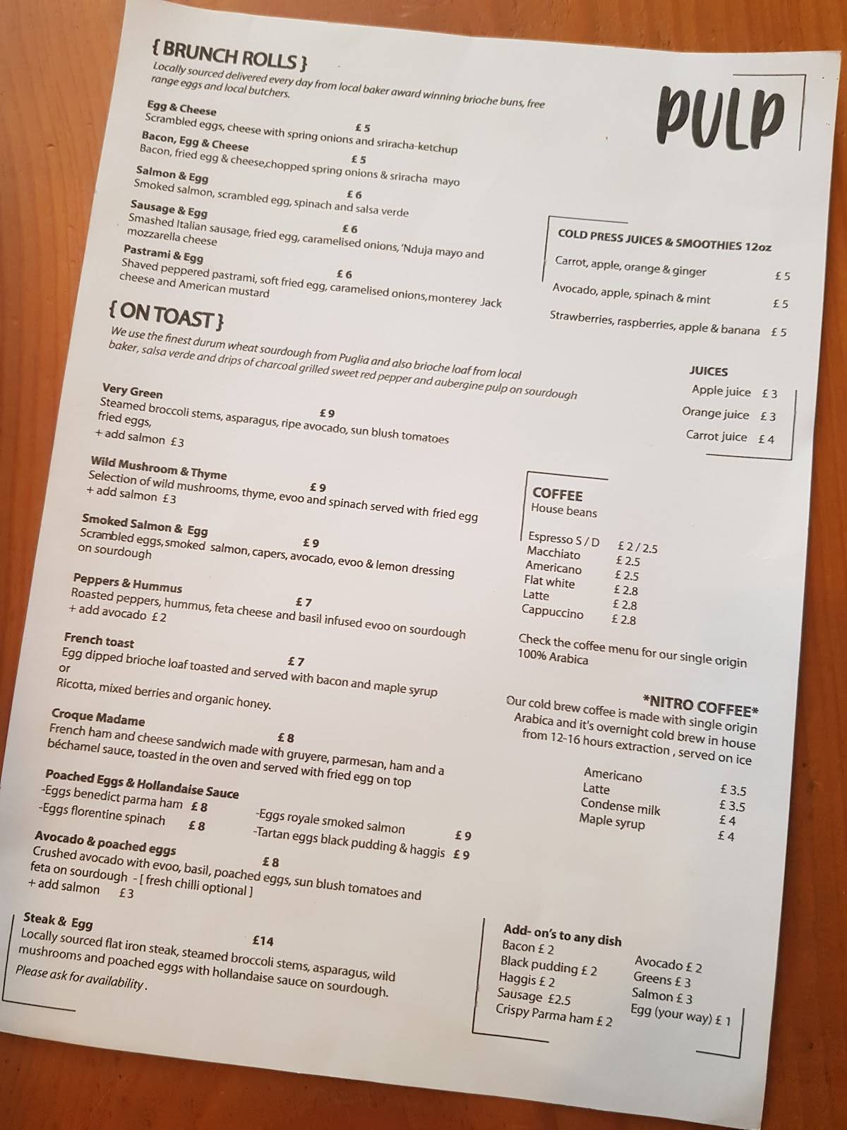 Menu at Pulp restaurant, Glasgow