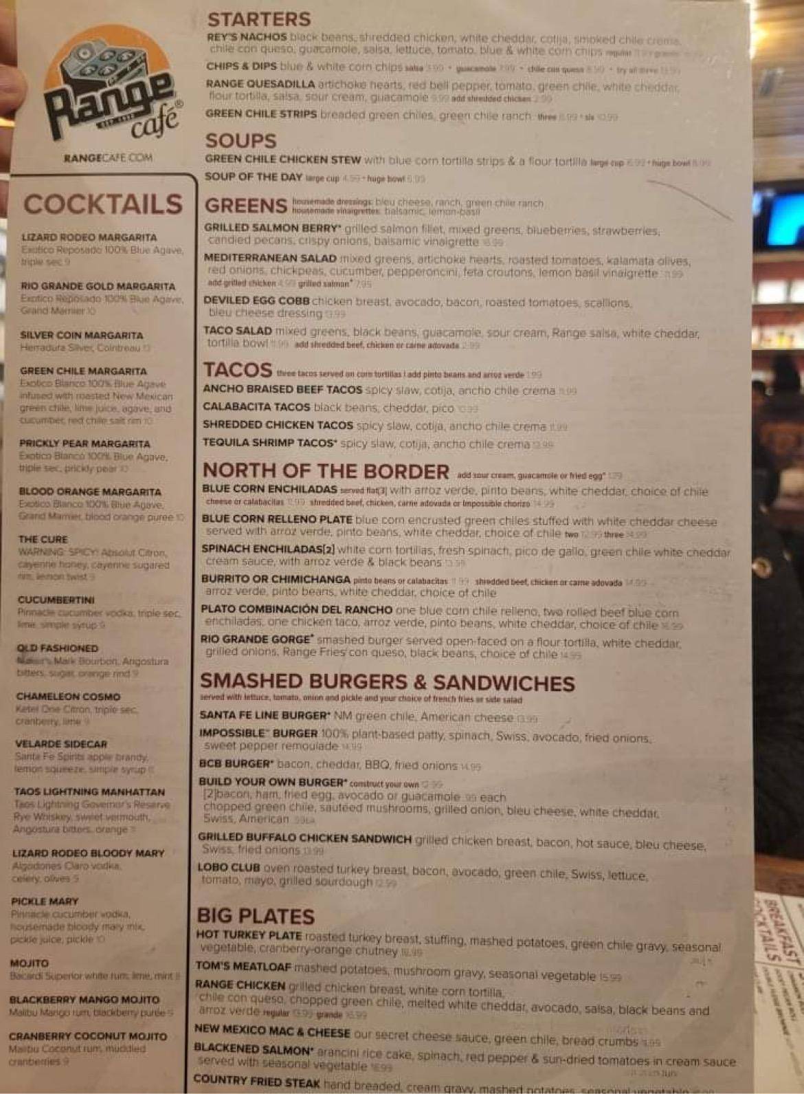 Menu at Range Cafe Los Lunas, Los Lunas