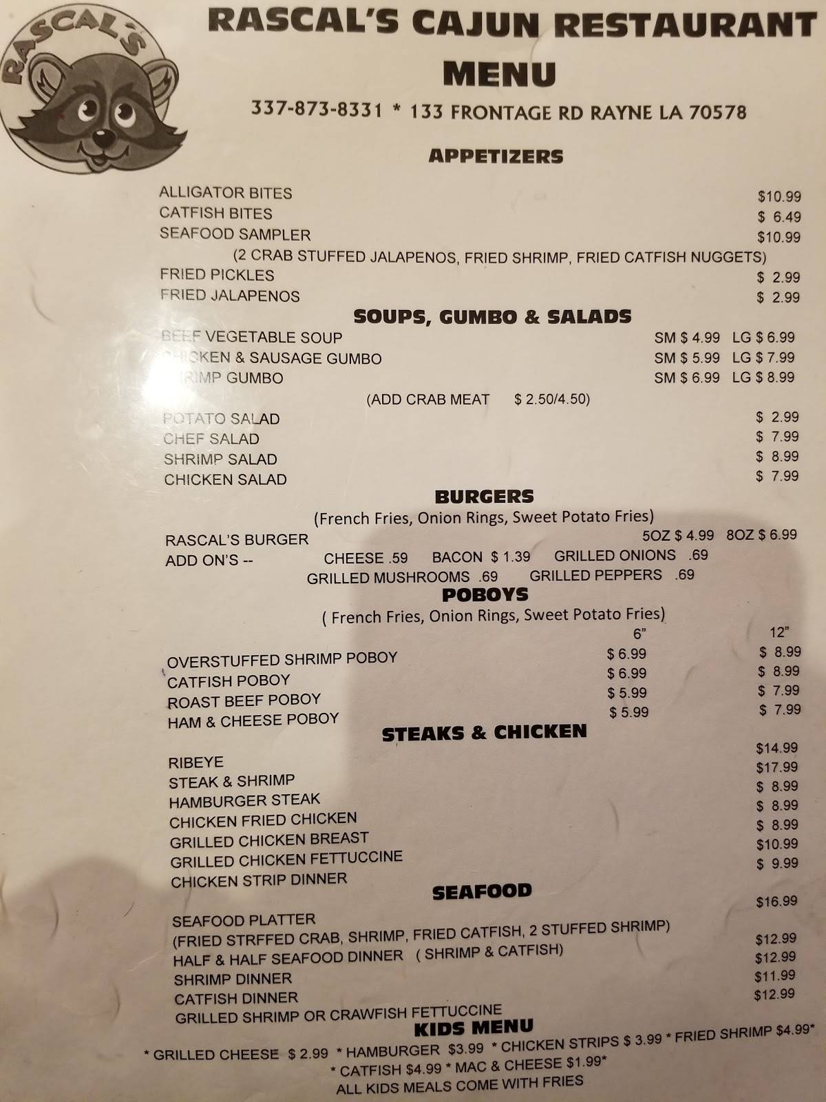 Rascal's Cajun Restaurant menu