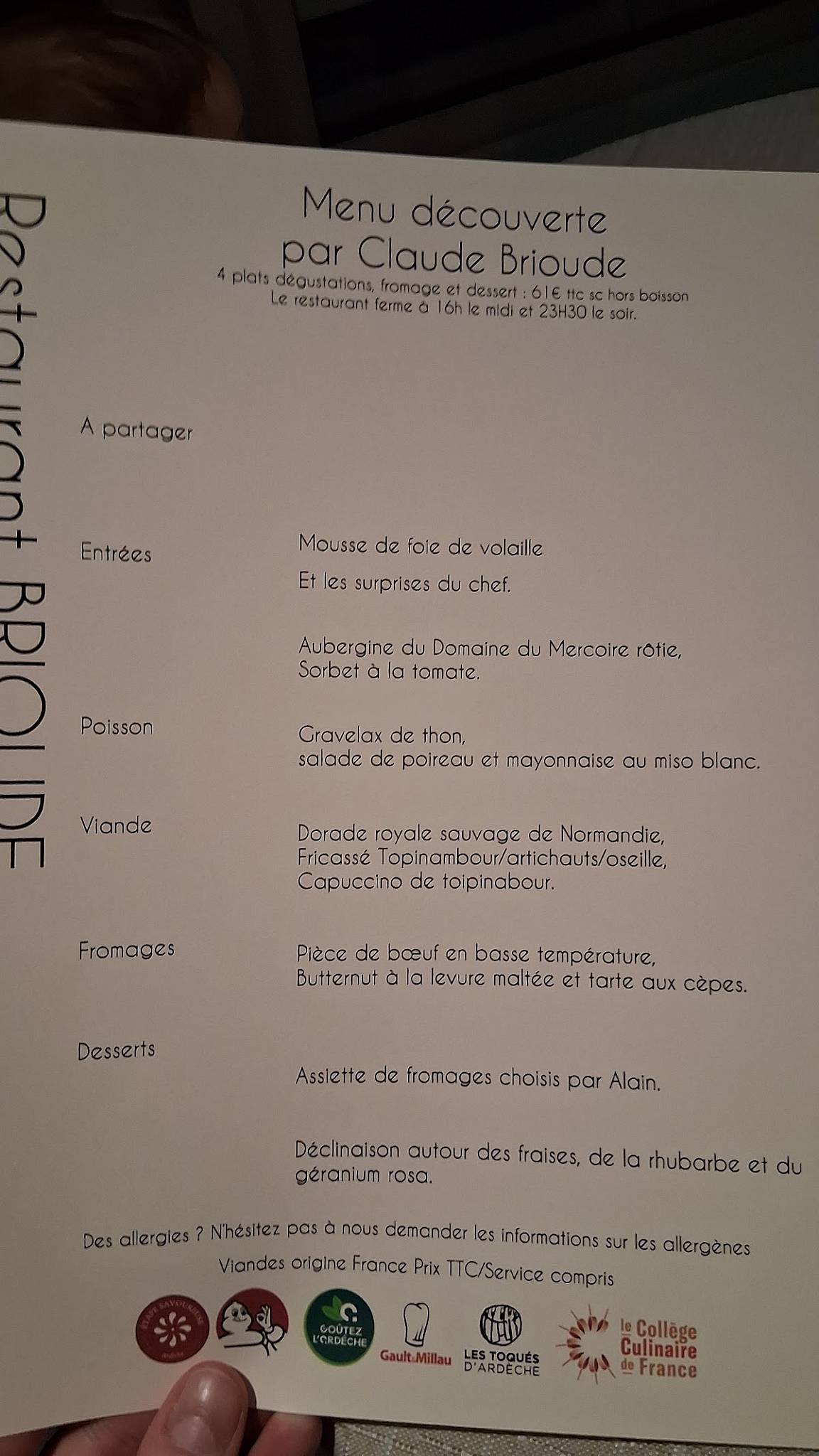 Menu de Restaurant Brioude