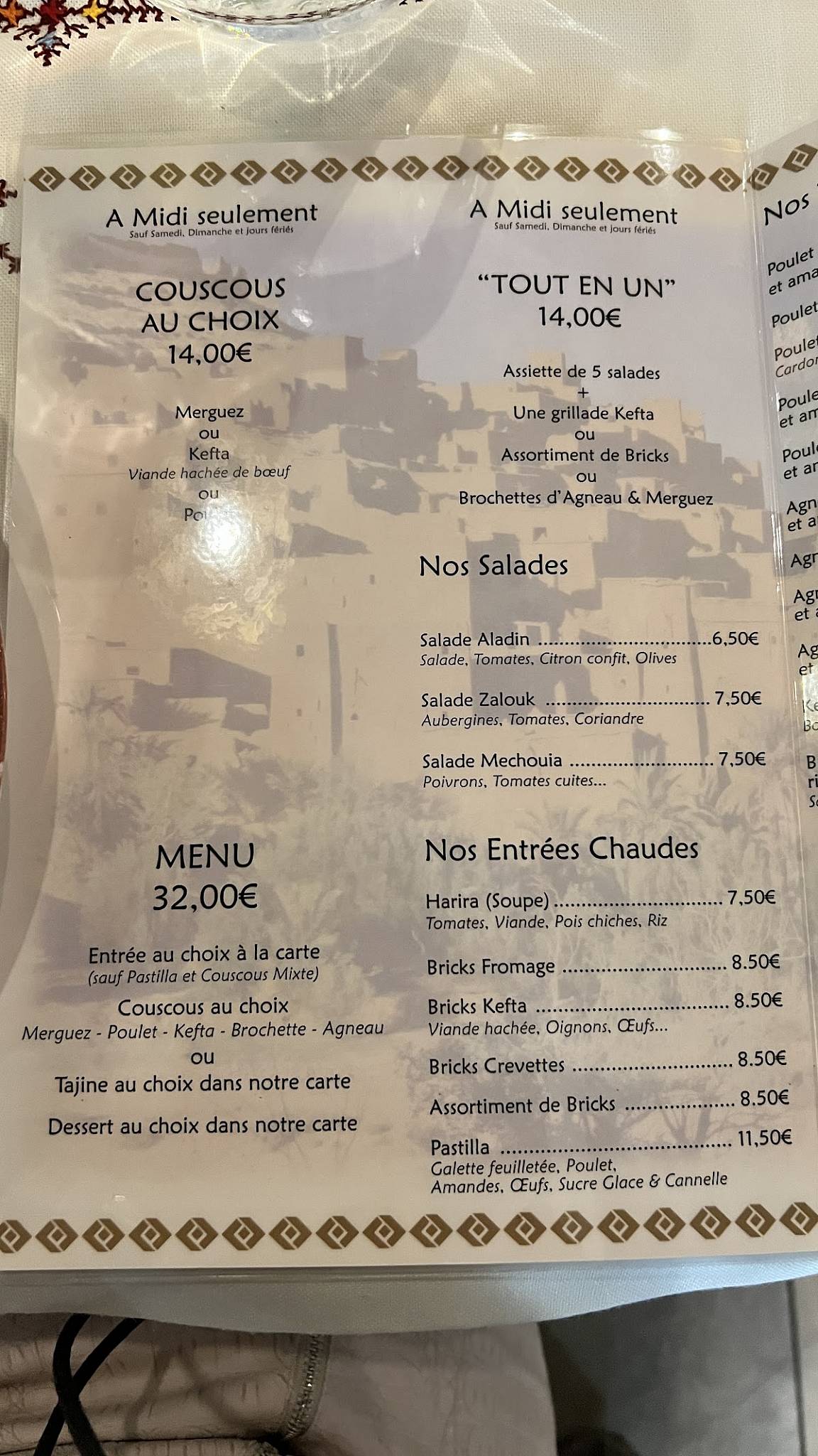 Menu de Restaurant Le Marrakech