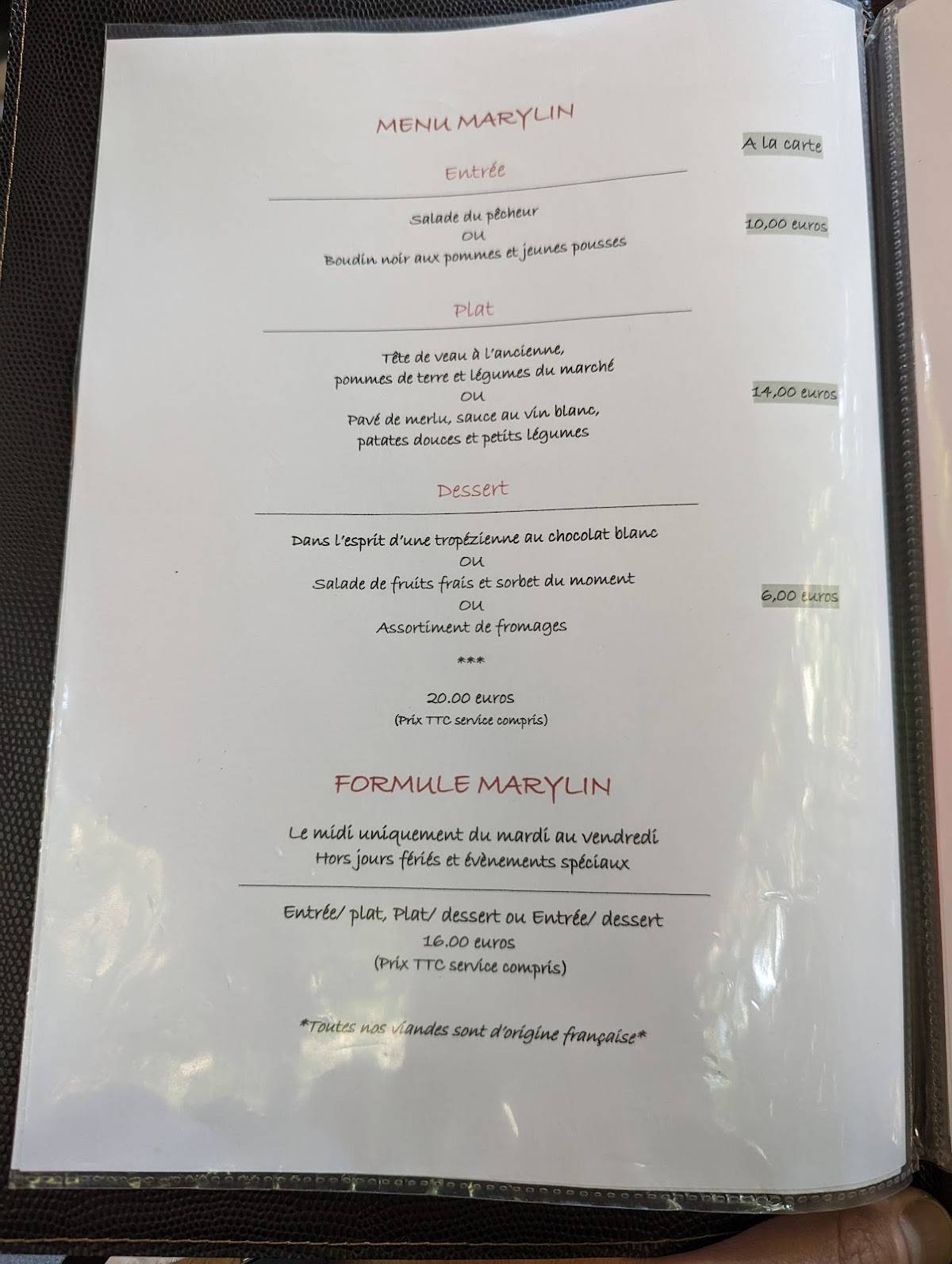 Menu de Restaurant L'influent