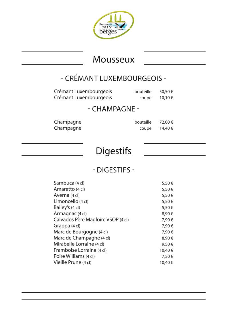 Menu de Restaurant aux Berges (PIDAL)