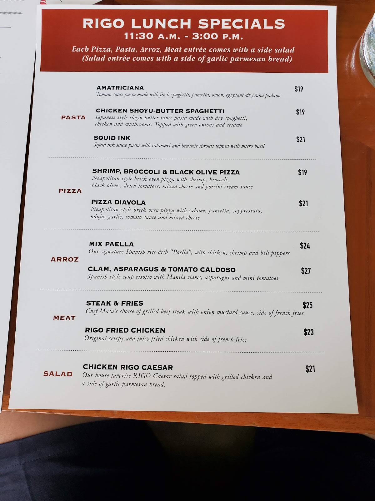 Menu at Rigo Spanish Italian restaurant, Honolulu