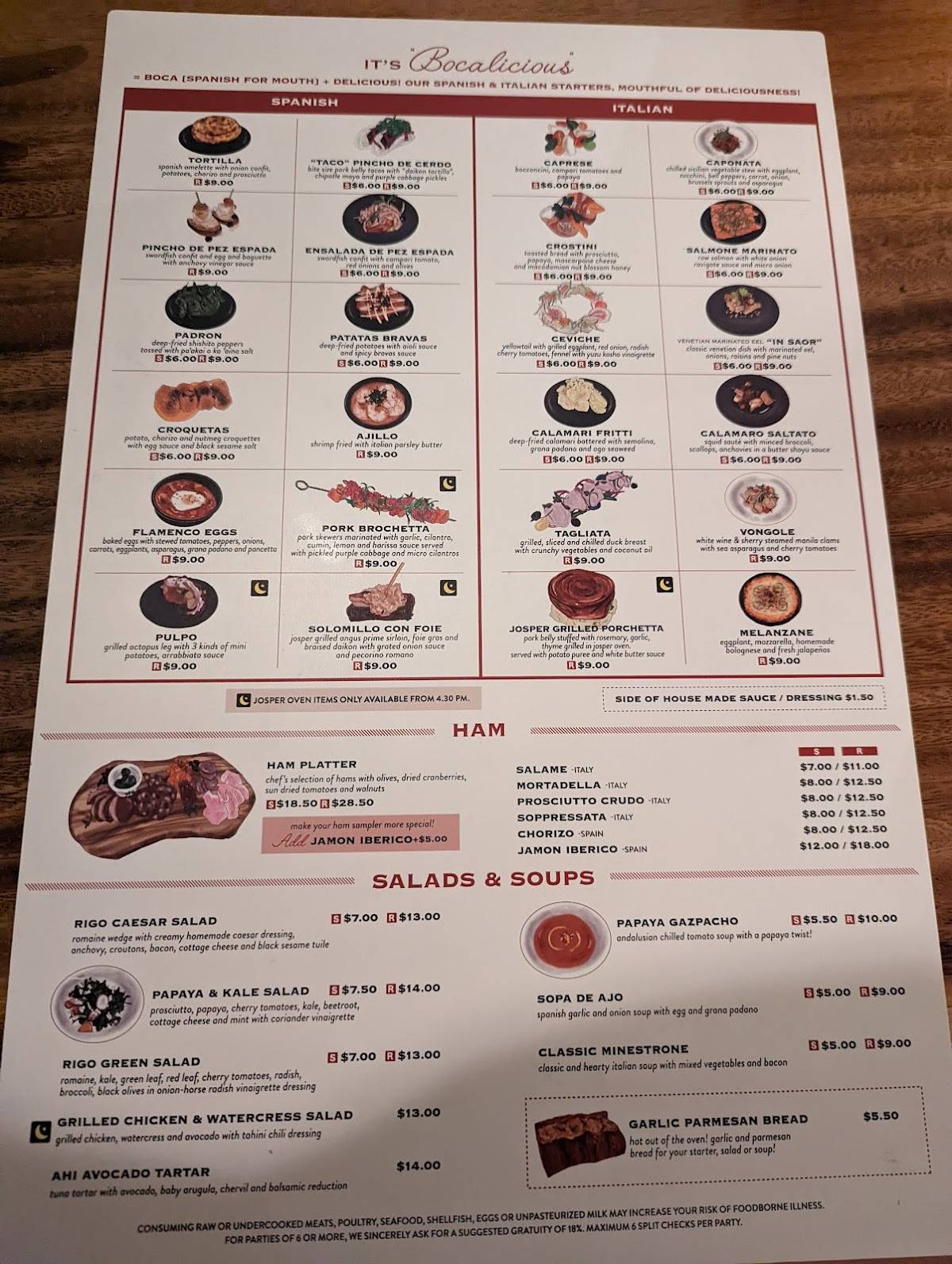 Menu at Rigo Spanish Italian restaurant, Honolulu